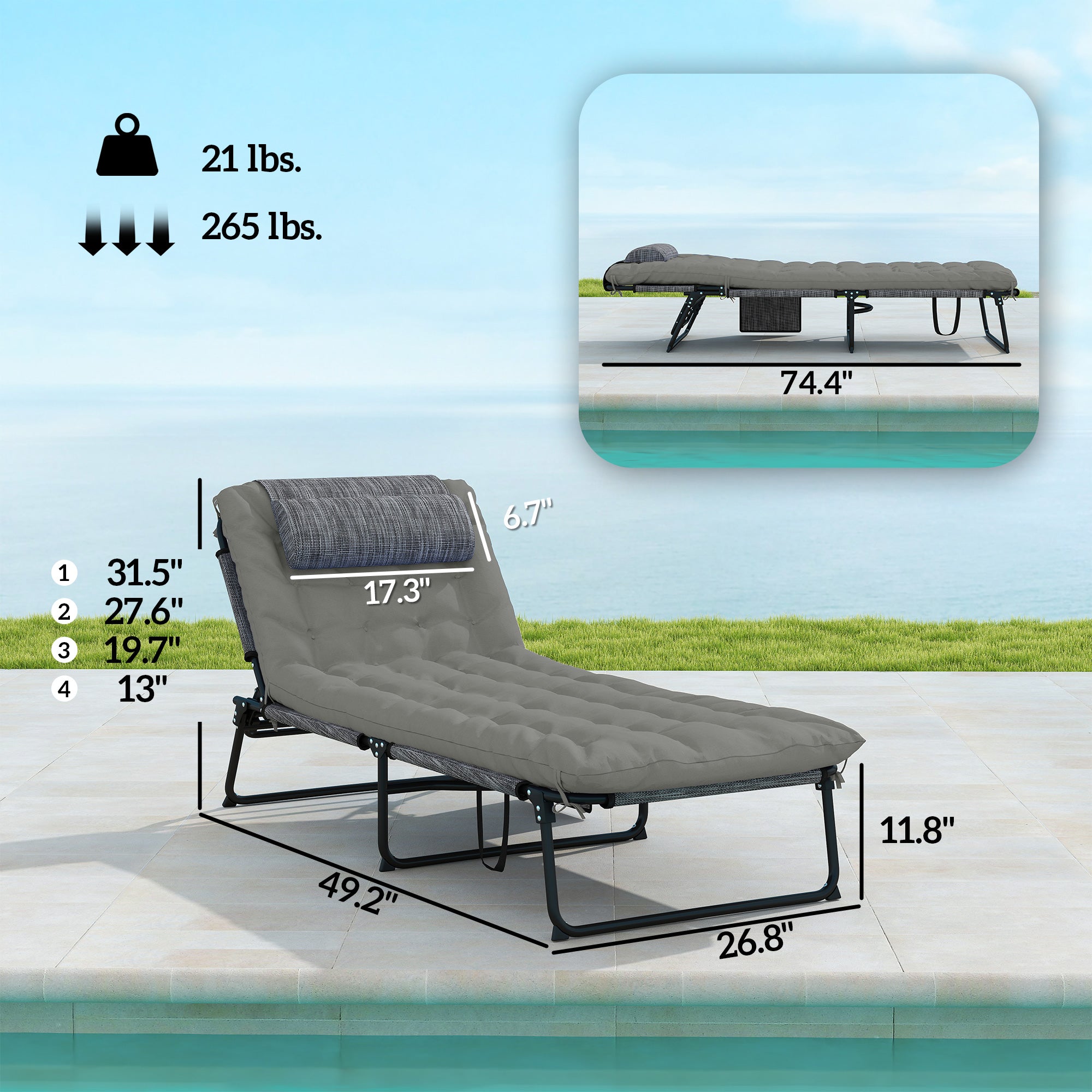 Folding Chaise Lounge Pool Chair with 4-level Reclining Back, Cushion, Side Pocket, Headrest, Gray