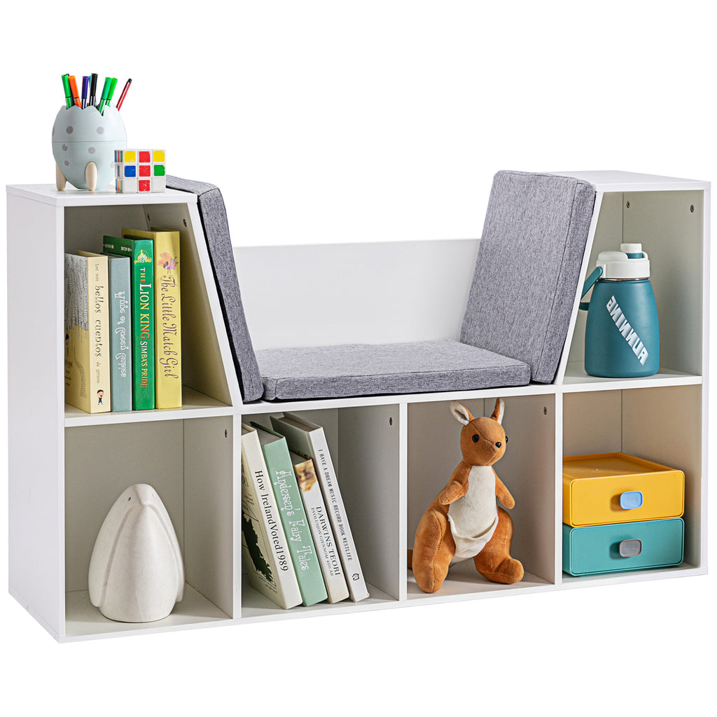 6-Cubby Kids Bookcase with Reading Nook and Cushion, Multi-Purpose Storage Organizer for Bedroom, Living Room, Pure White