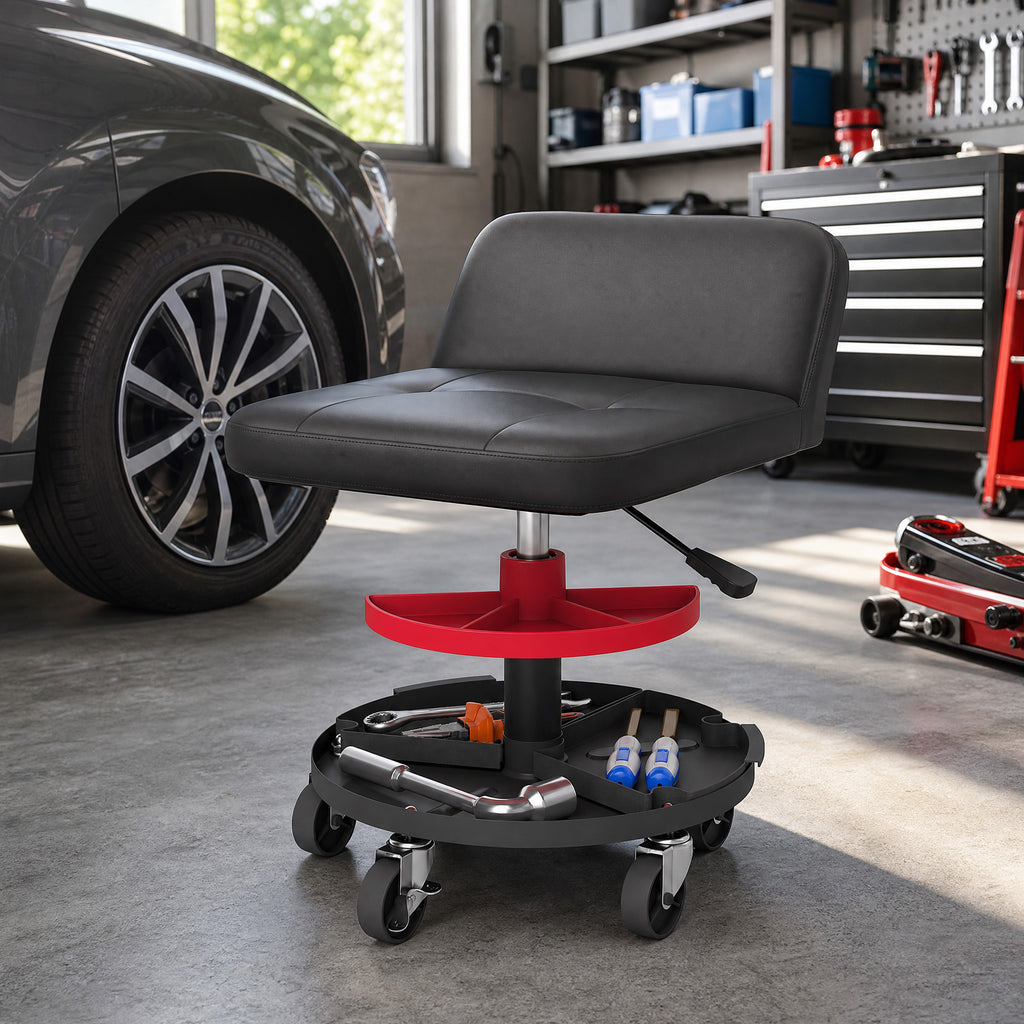Rolling Creeper Garage Stool, 300 LBS Capacity Mechanic Stool with 360° Wheels, Tool Tray, Adjustable Height, Black