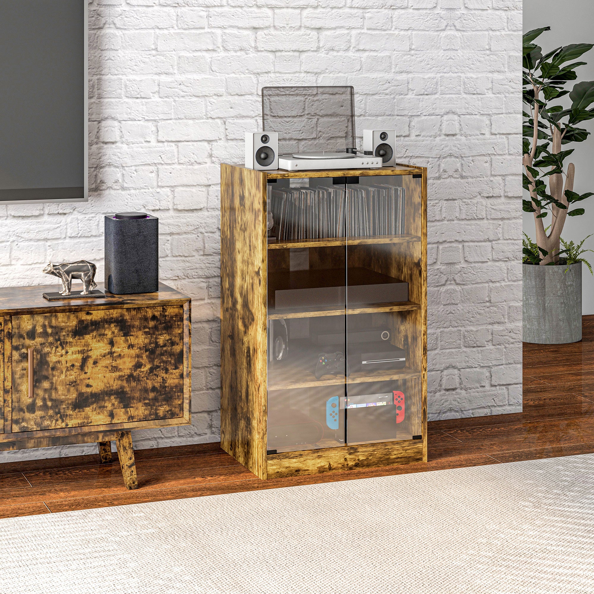 5-Tier Media Cabinet, Media Stand with Adjustable Shelves, Tempered Glass Doors, and Cable Management, Rustic Brown