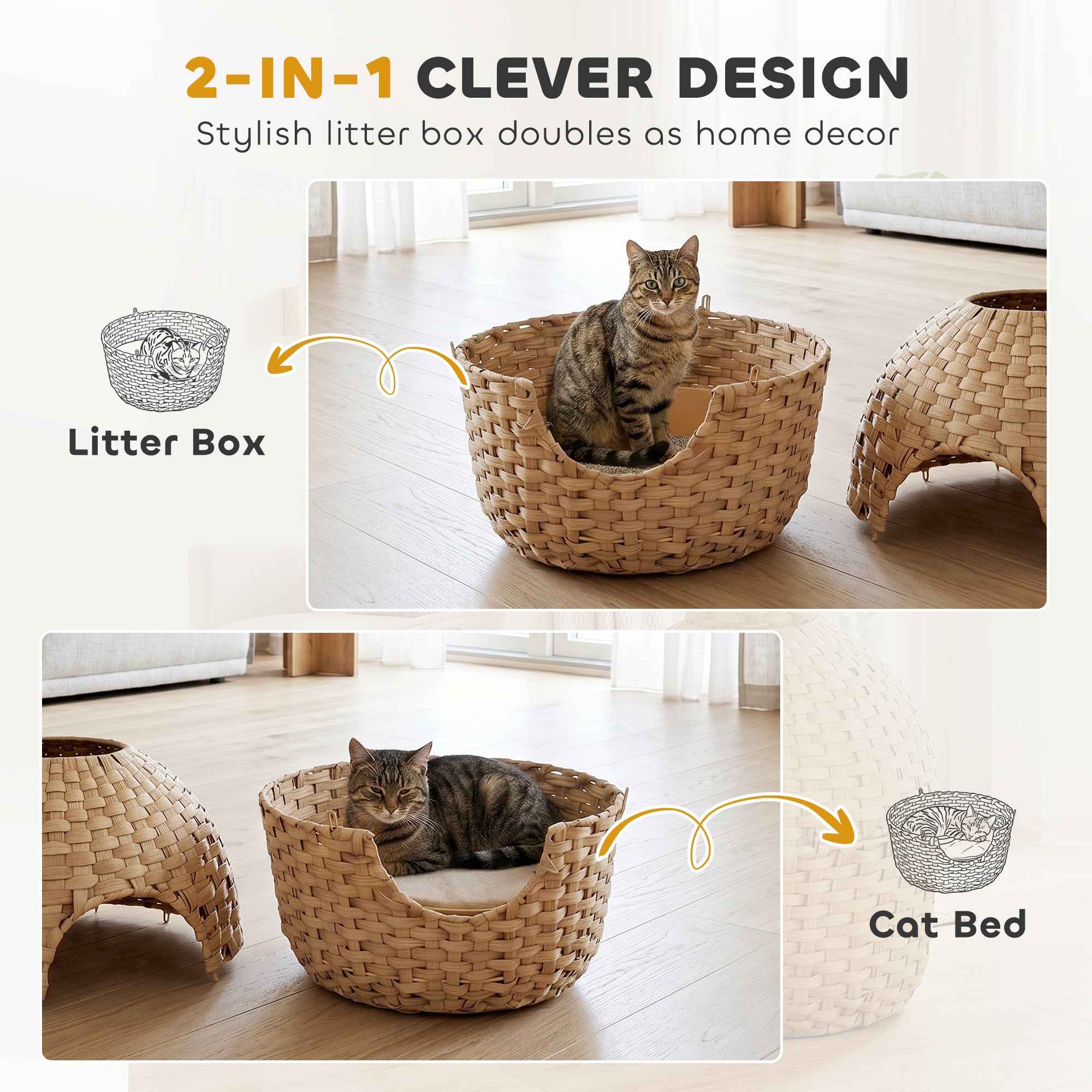 Hidden Cat Litter Box Enclosure with Faux Plant & Stainless Steel Tray for Bedroom, Living Room, Corner