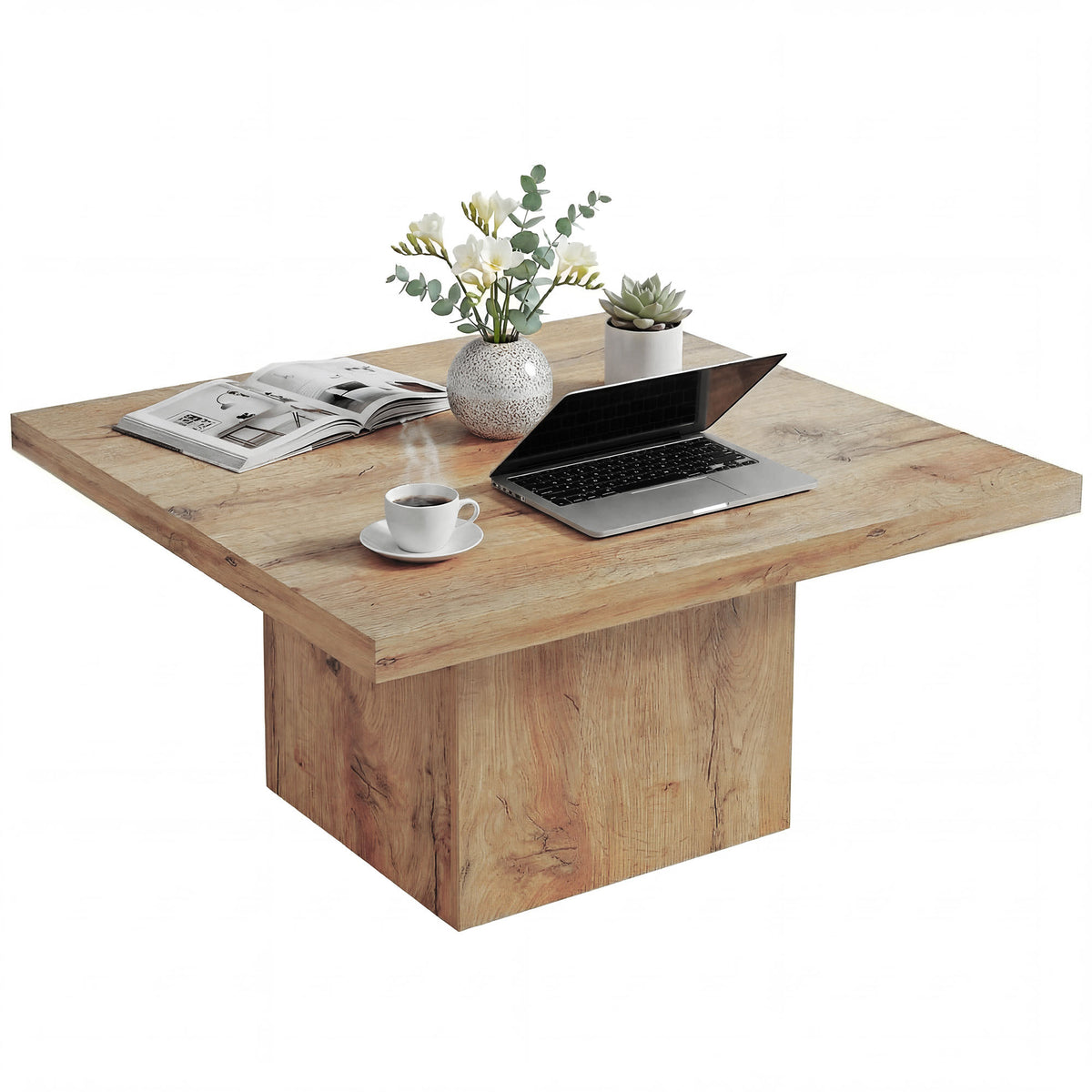 Square Coffee Table, Center Table with 1.6" Thick Tabletop, Light Brown