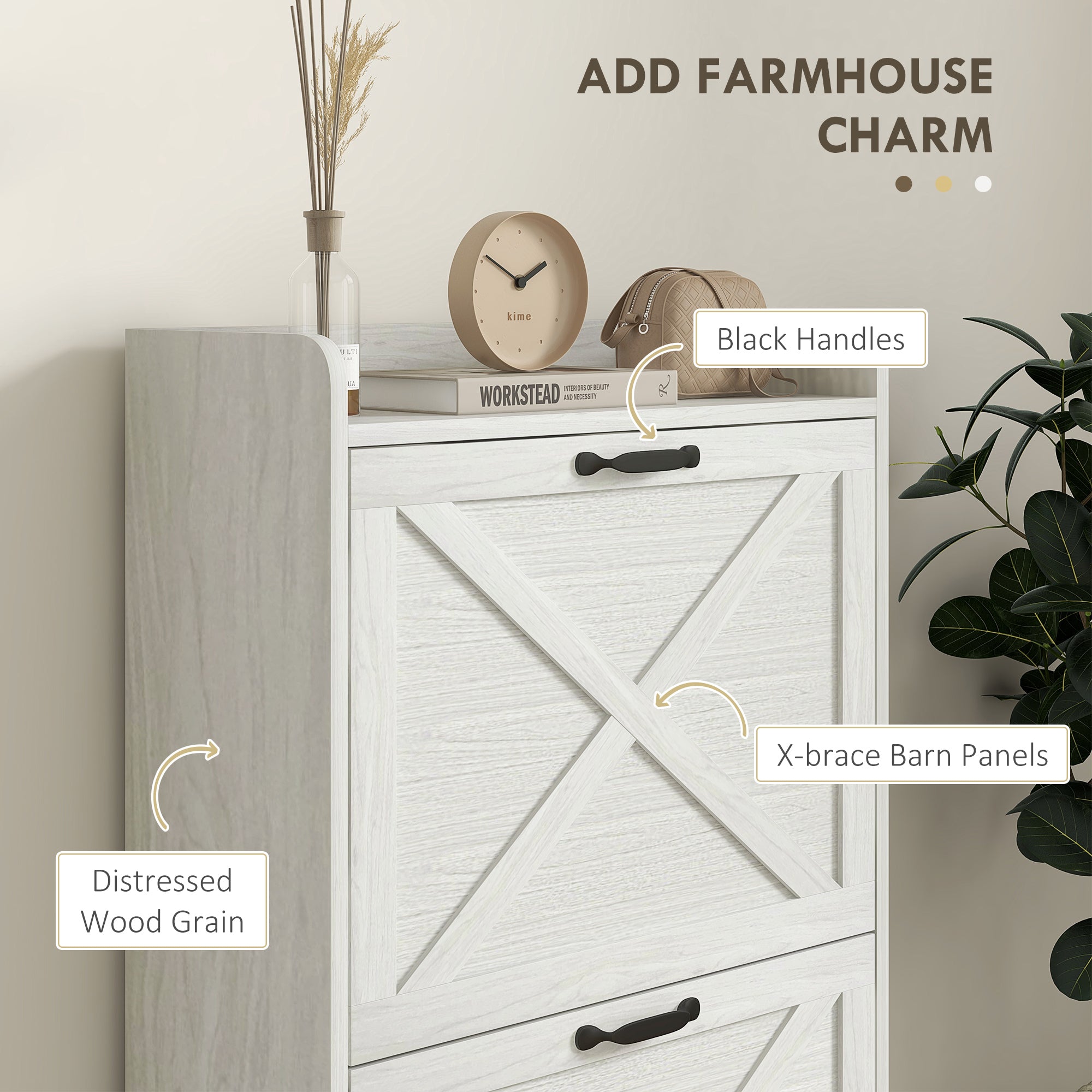 Slim Shoe Storage Cabinet, Farmhouse Shoe Cabinet with 2 Flip Drawers, Adjustable Shelves for 8 Pairs, Distressed White