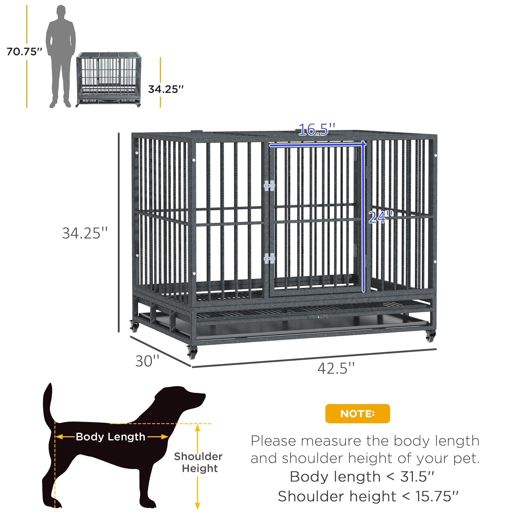 43" Heavy Duty Dog Crate Metal Cage Kennel with Lockable Wheels, Double Door and Removable Tray, Gray