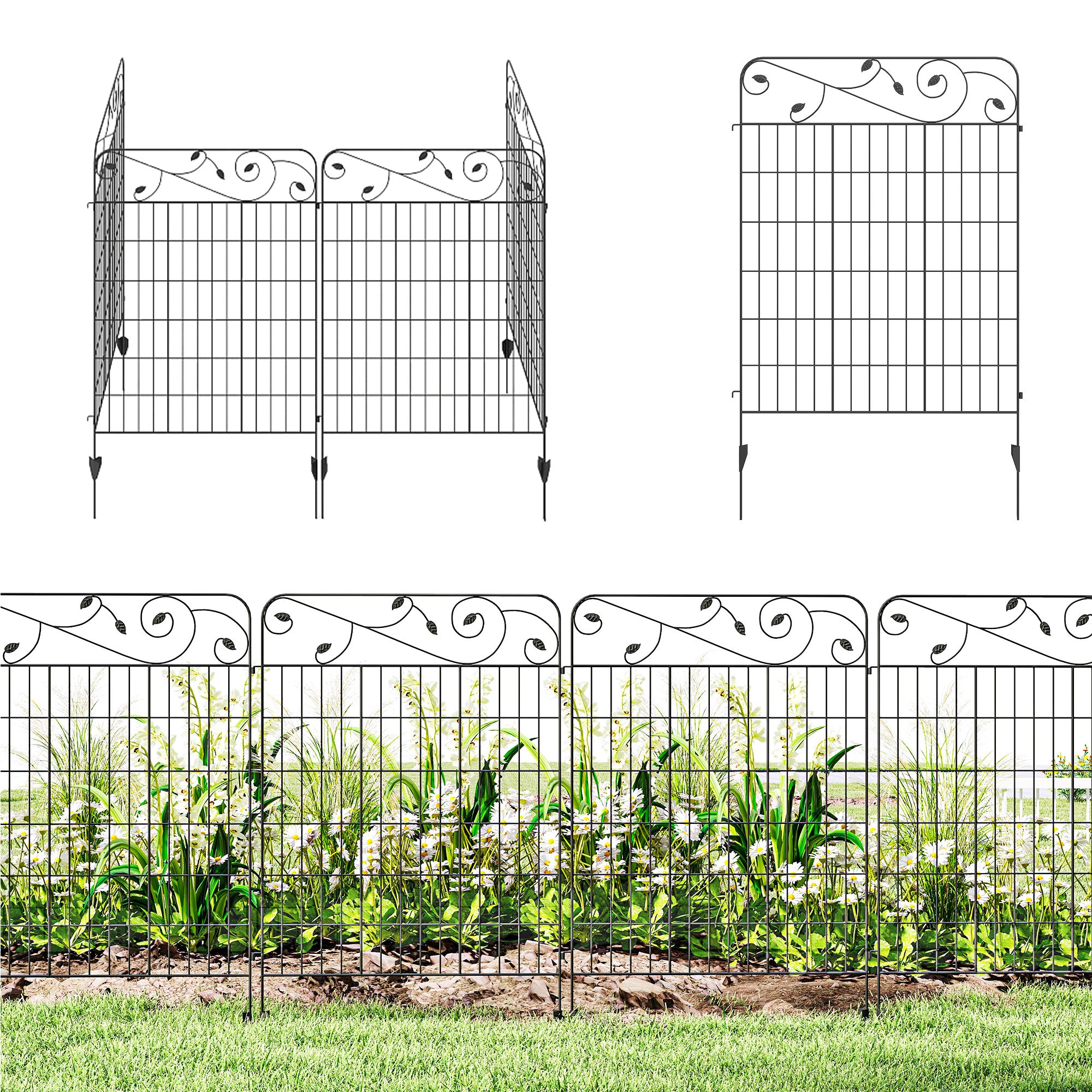 Garden Fence, 4 Pack Steel Fence Panels, 11.5' L x 43" H, Rust-Resistant Decorative Border Flower Edging for Yard, Landscape, Patio, Outdoor Decor, Square Vines