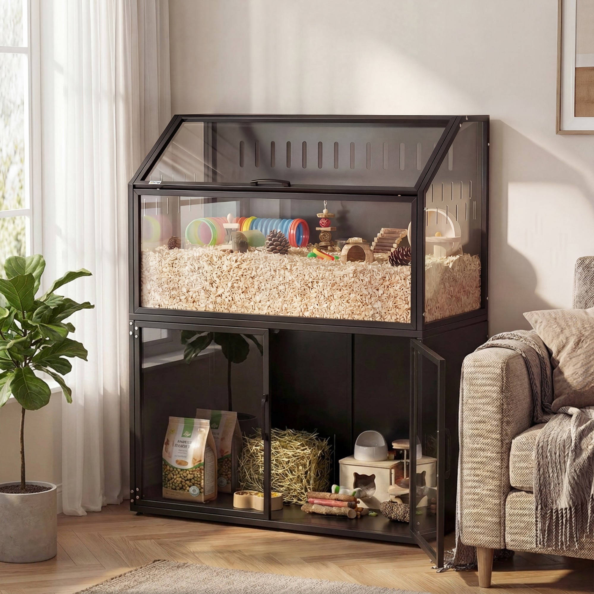 Hamster Cage with Storage Cabinet, Small Animal Cage with Easy View Acrylic Panels and Openable Top, Guinea Pig Habitat