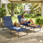 2 Folding Chaise Lounge Pool Chairs with 4-Position Reclining Back, Pillow, Breathable Mesh & Bungee Seat, Dark Blue