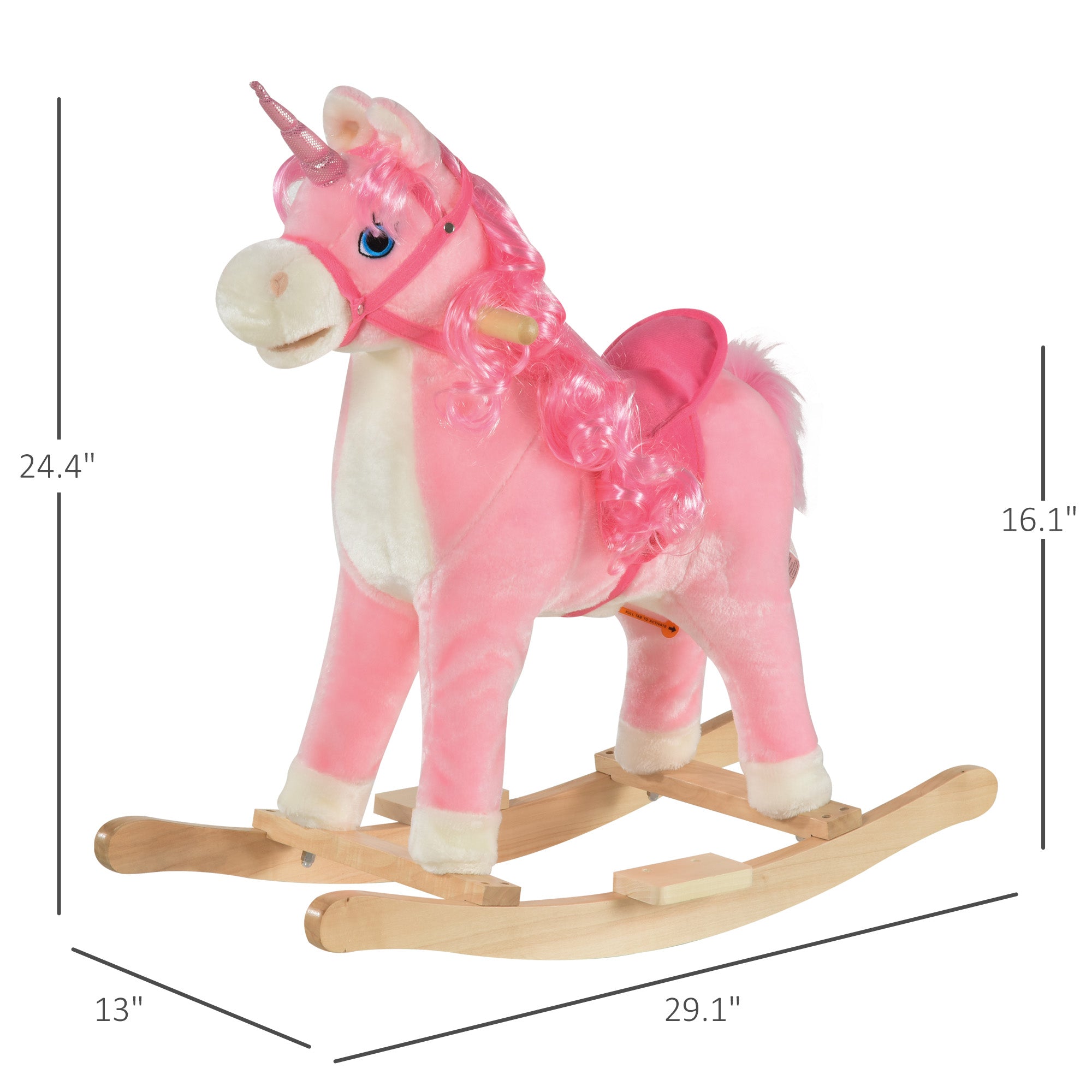 Kids Rocking Horse, Ride on Unicorn with Wooden Base, Tail Wag & Sounds for Toddlers 3-6 Years Old, Pink