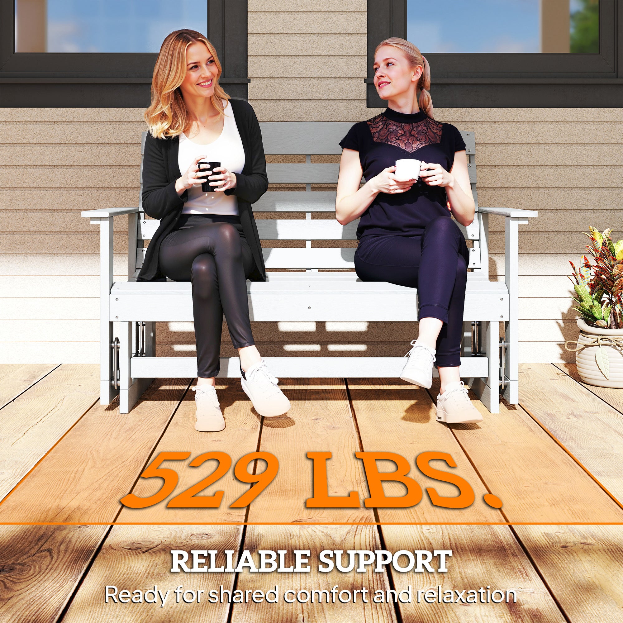 Patio Glider Bench w/ HDPE Slatted Double Rocking Chair, Distressed White