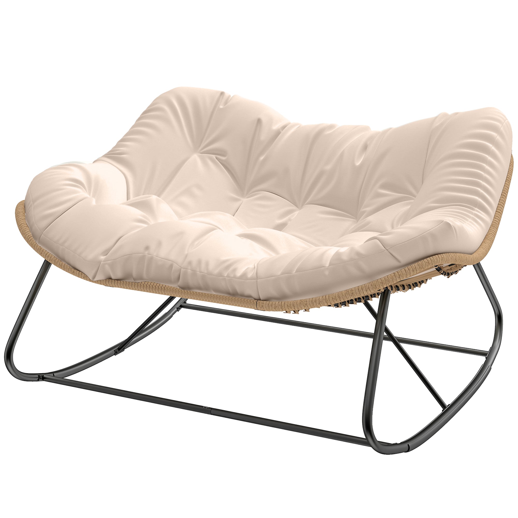 Indoor Outdoor Double Papasan Rocking Chair, Oversized Rocking Egg Chair with Cushion for Garden, Patio, Cream White
