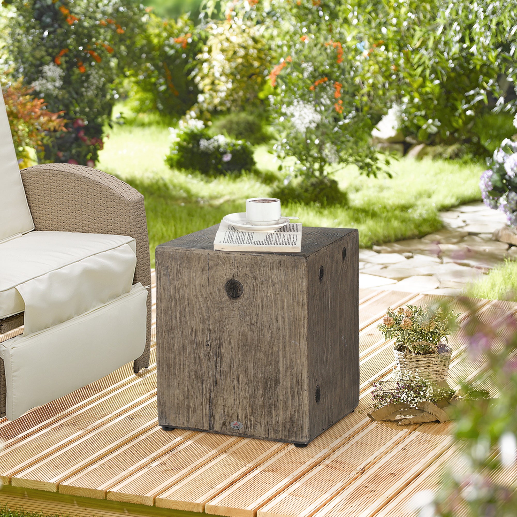 Concrete End Table Rustic Side Table with Wood Grain Finish for Indoors and Outdoors Gray