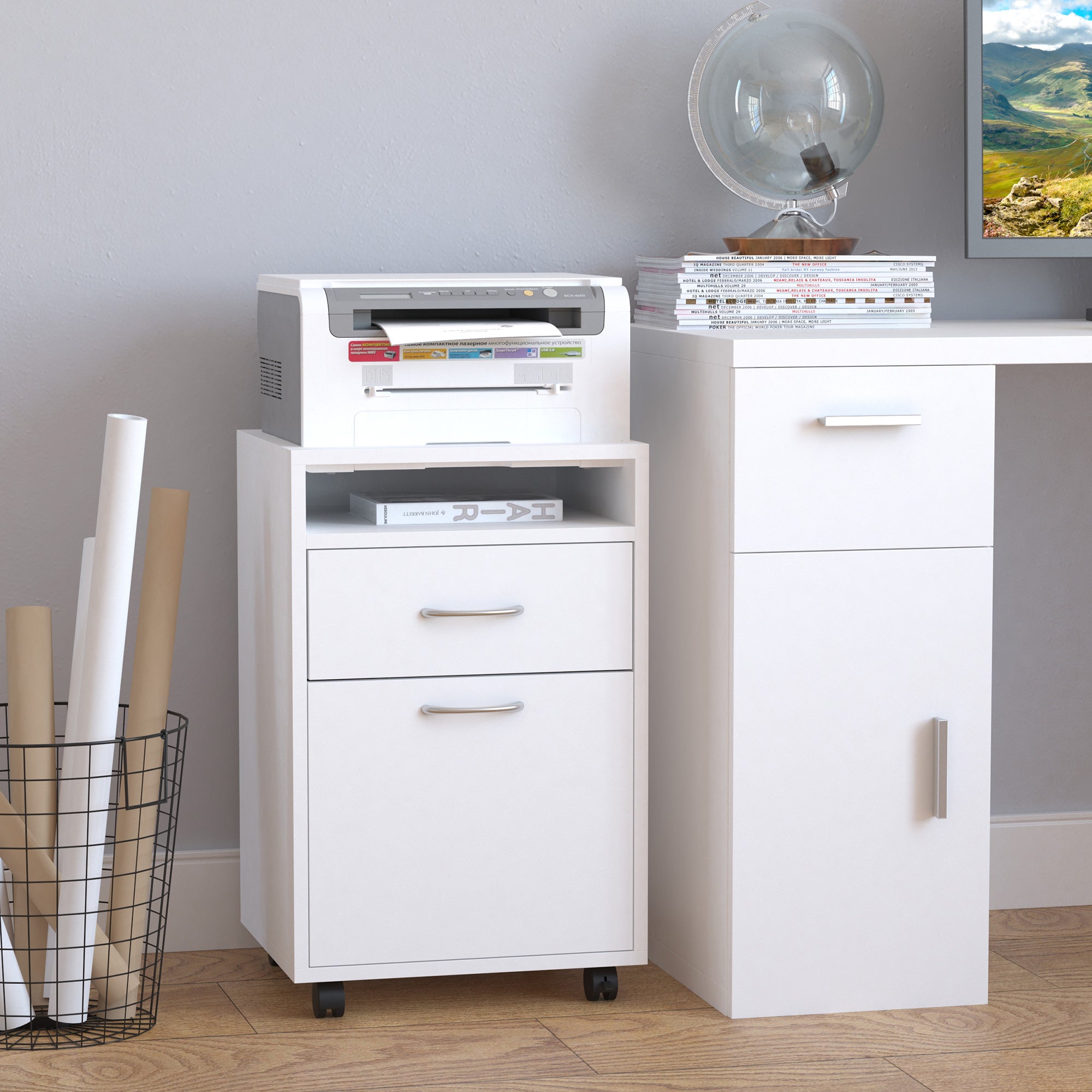 Mobile Storage Cabinet Organizer with Drawer and Cabinet, Printer Stand with Castors, White