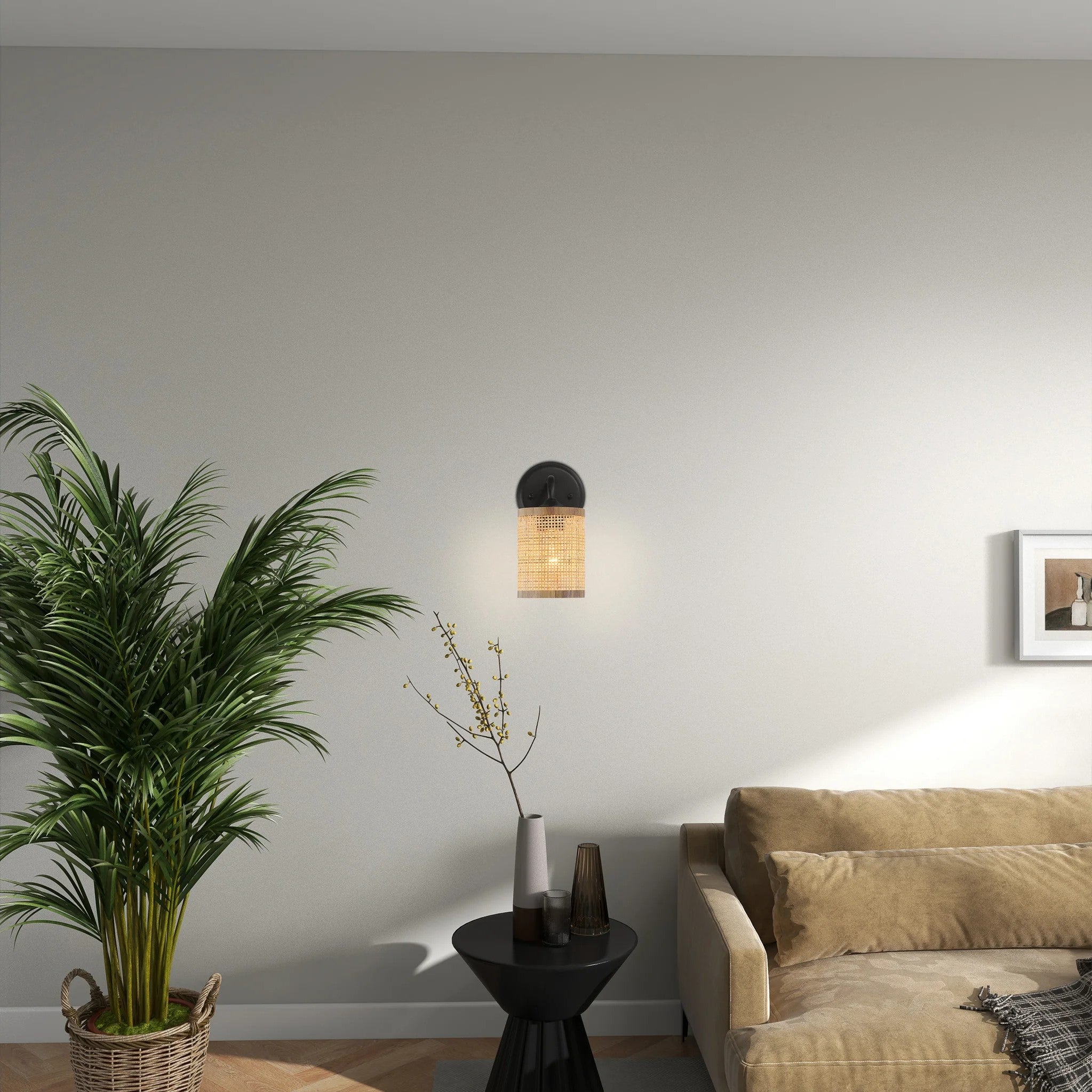 Reef Single Light Wall Sconce with Natural Rattan Shade, Rustic Wicker Wall Light, 5" L x 7" W x 9.5" H, Black+Rattan