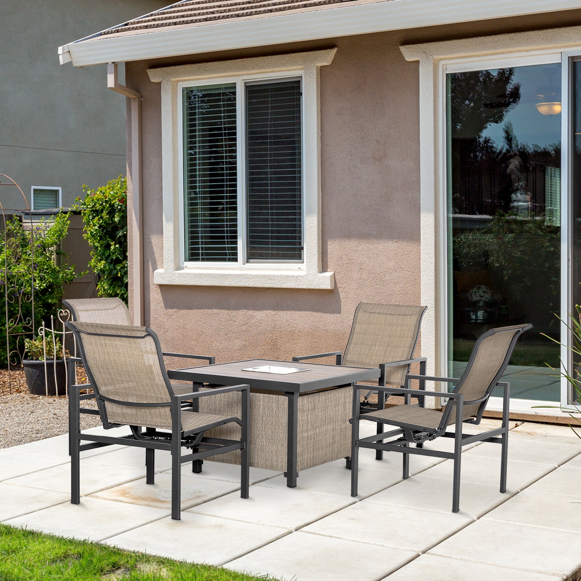 5 Piece Garden Patio Dining Set, Dinner Table with Built-in Ice Bucket Insert, 4 Rocking Chairs, Beige