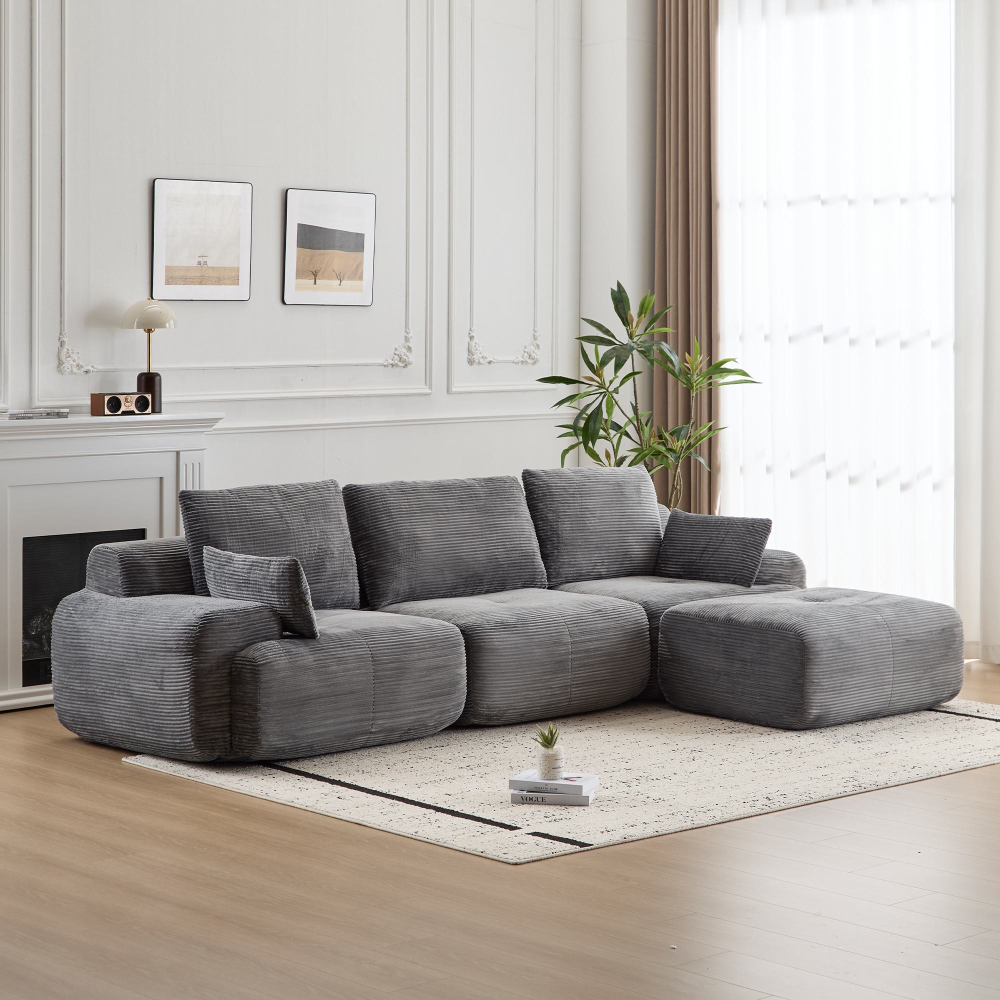 Compressed Sofa Modern Memory Foam Sectional, Pet-Friendly Corduroy Couch, Extra Deep Loveseat for Living Room, 120" L x 71" W x 28.5" H, Grey