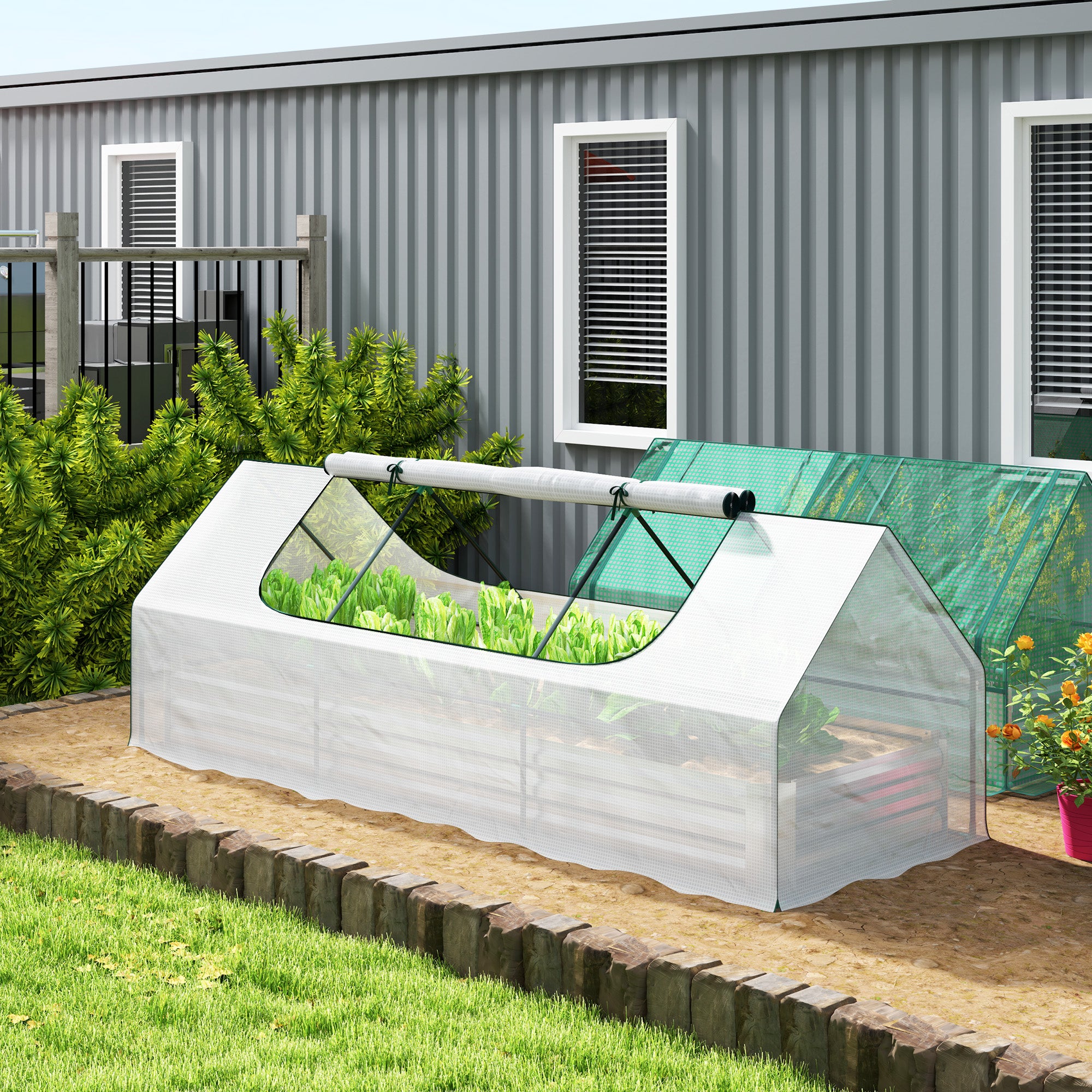 8.6 x 3 x 1ft Metal Planter Box with Mini Greenhouse, Galvanized Raised Garden Bed with Cover for Herbs and Vegetables, Small Greenhouse for Patio Garden Balcony, White and Silver
