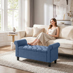 47" Storage Ottoman Bench, Tufted End of Bed Bench with Rolled Arms, Safety Hinge, Wood Legs for Bedroom, Blue