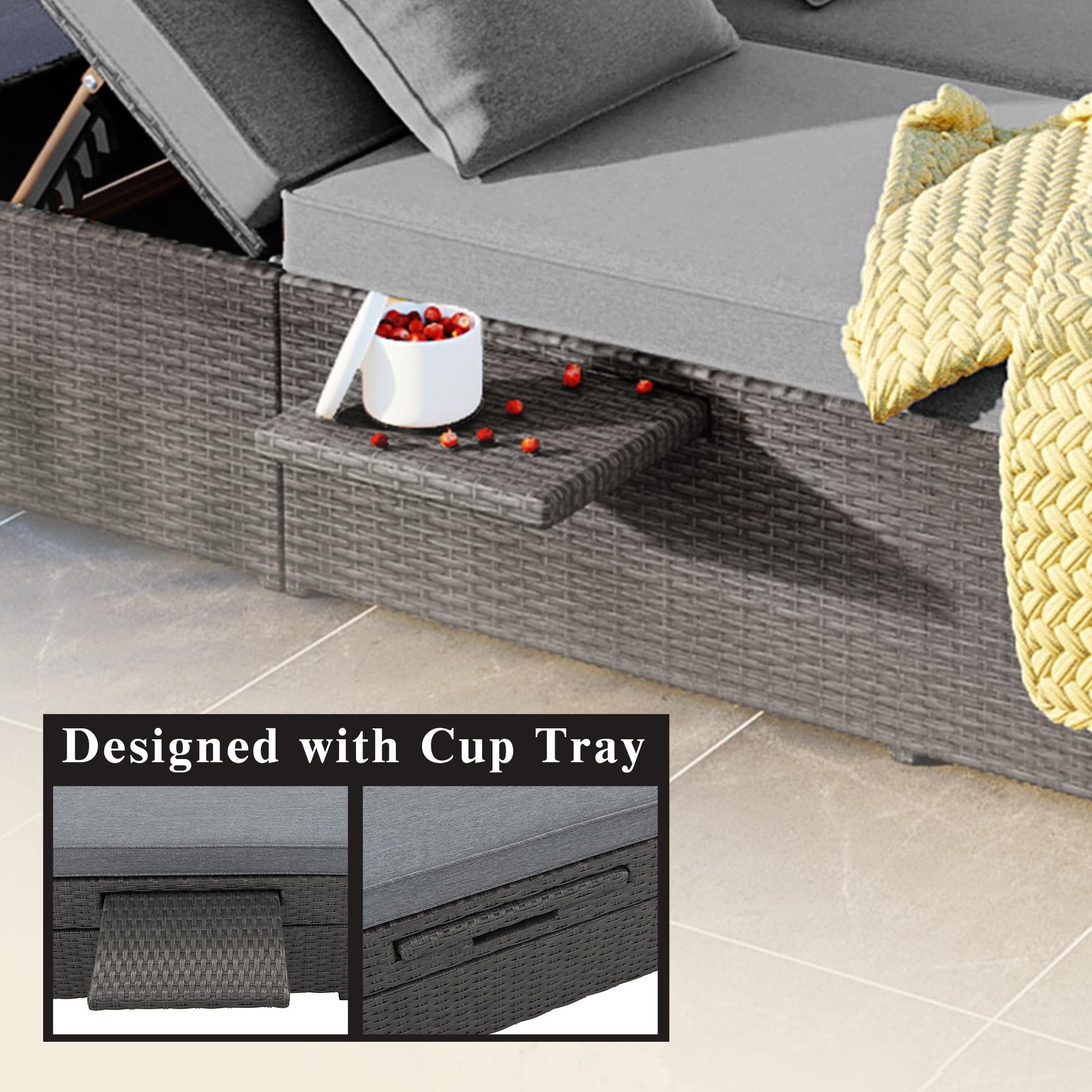 Outdoor Patio Sunbed with Adjustable Backrest & Side Tray, Wicker Rattan Lounger with Thick Cushion, 47" L x 29.5" W x 15" H, Gray