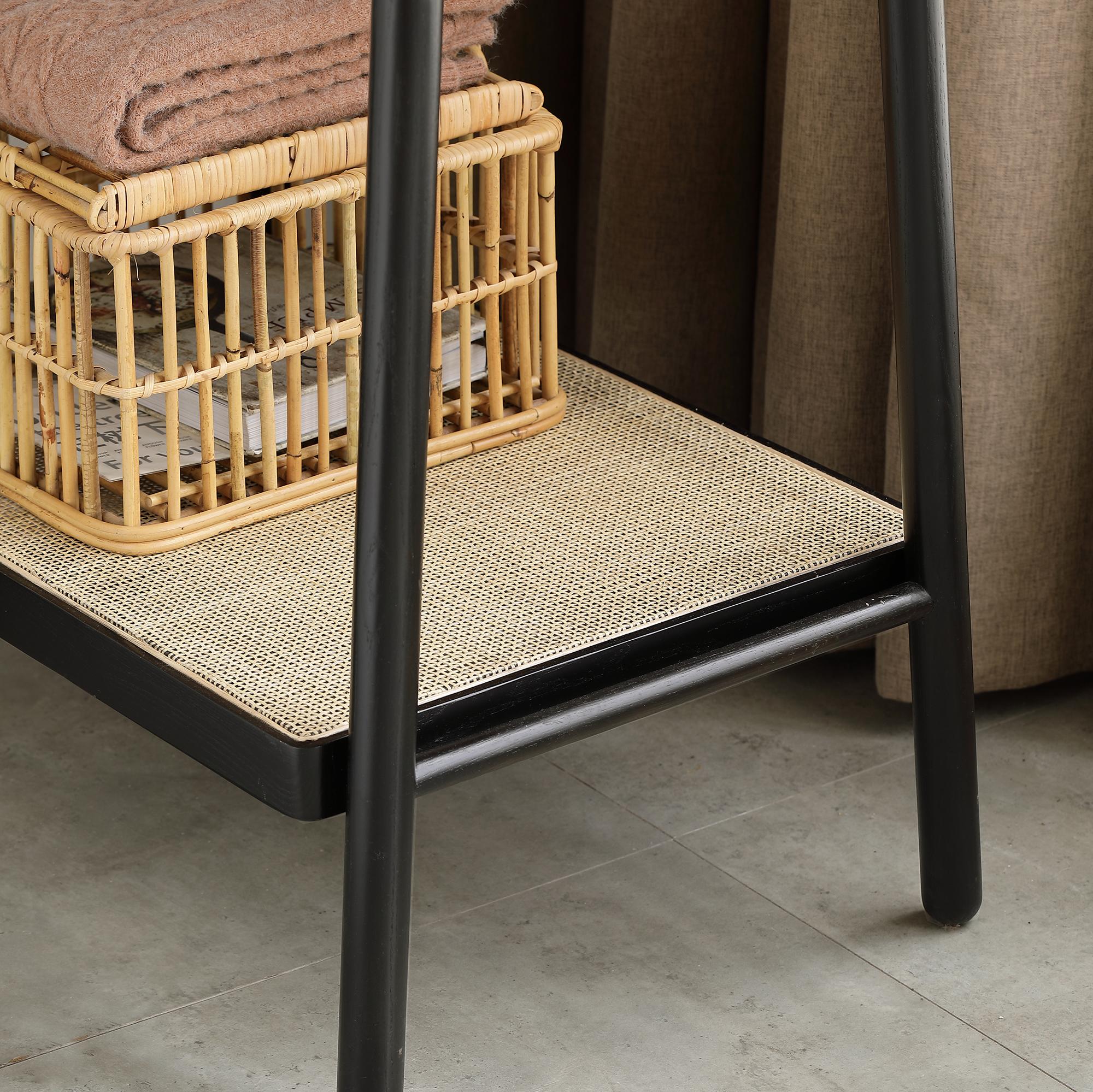 Solid Oak Clothes Rack with Handcrafted Rattan Hangers, Standing Garment Rack for Clothes, Bags & Shoes, 27.5″ L x 18″ W x 65″ H, Black