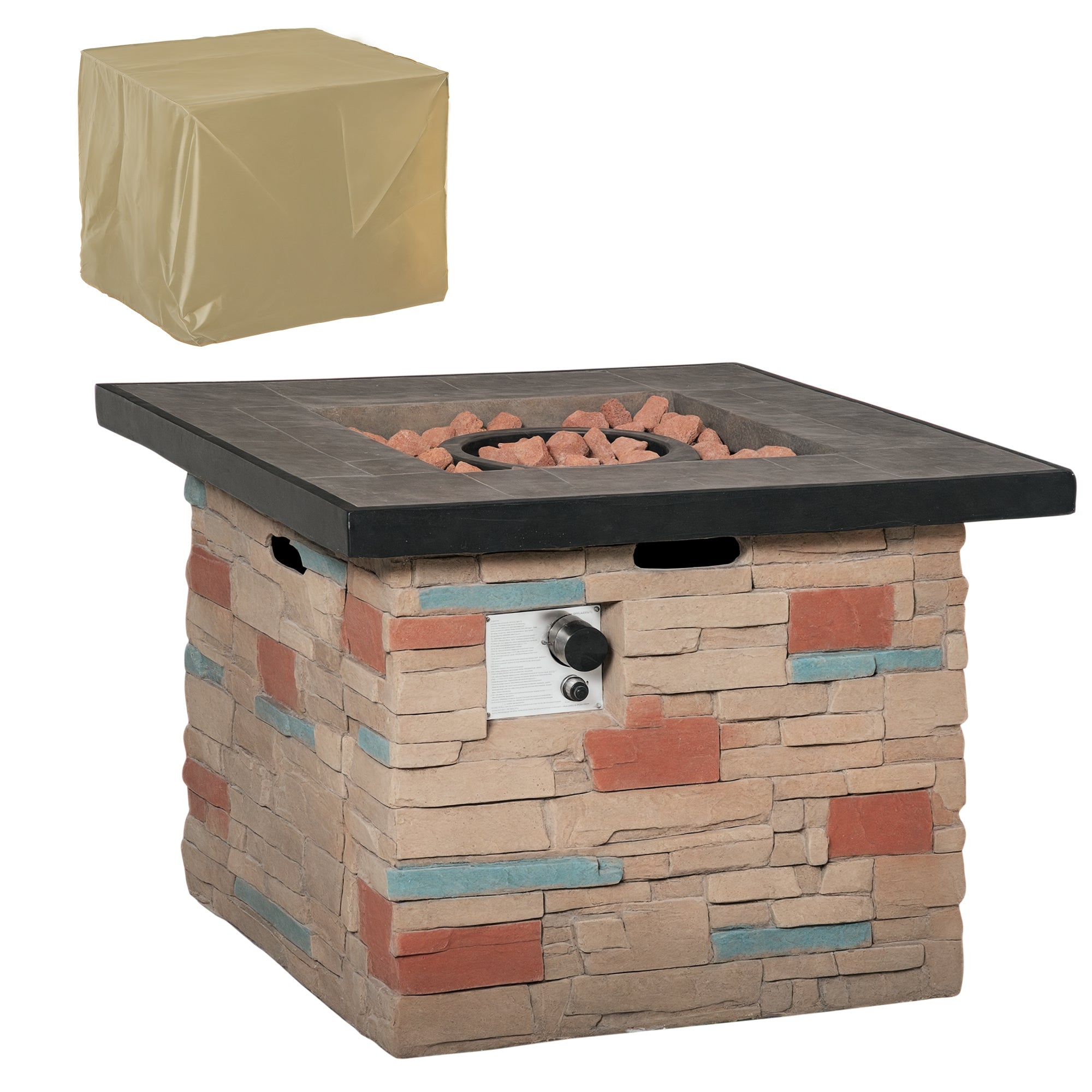 32 Inch Outdoor Propane Gas Fire Pit Table, 50,000 BTU Auto-Ignition Square Faux Ledge Stone Gas Firepit with Lava Rocks and Rain Cover, CSA Certification, Brown