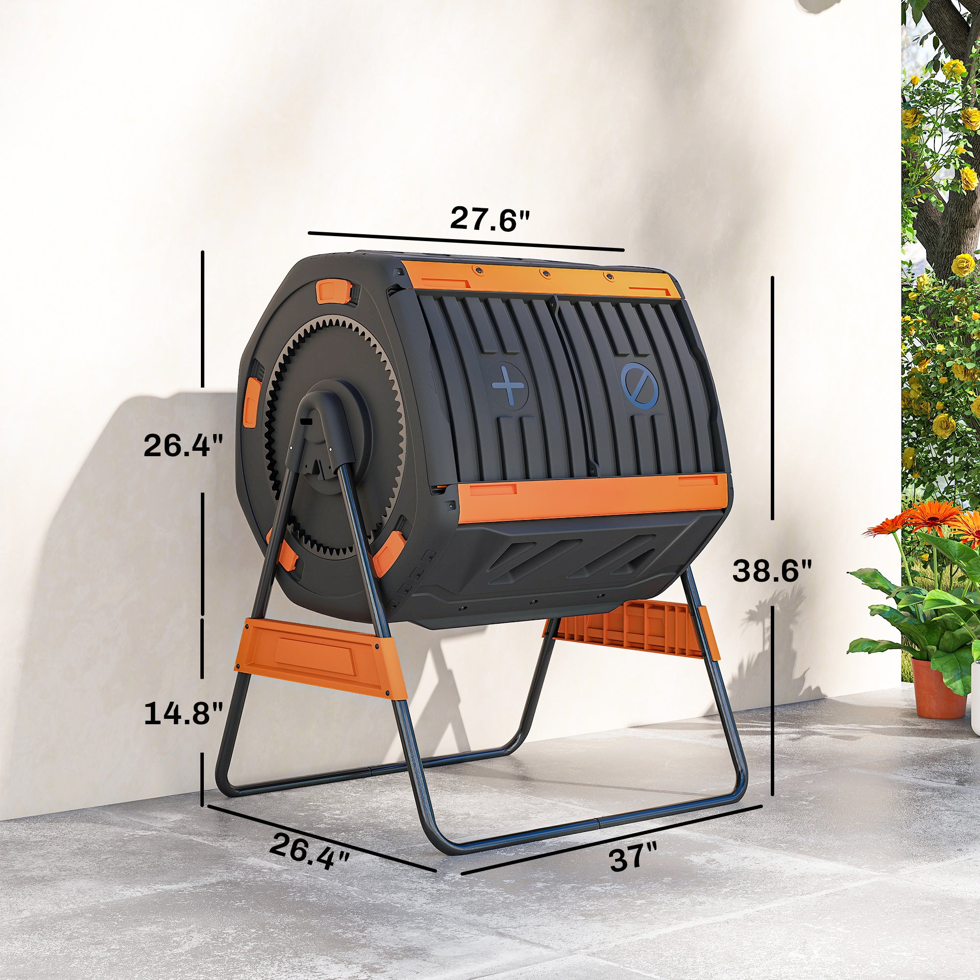 Compost Bin Outdoor, 53 Gal Dual Chamber Tumbling Composter with Adjustable Vents, BPA Free Tumbling Composter, Orange