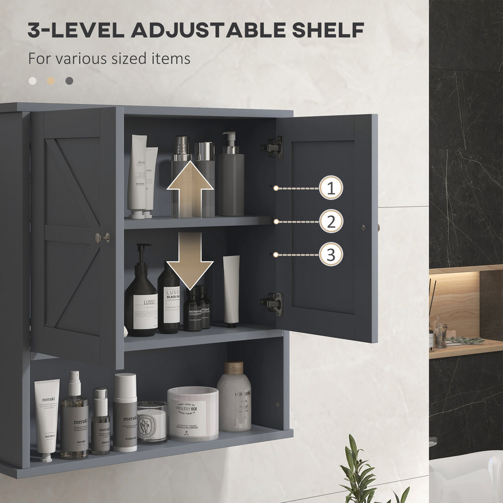 Farmhouse Bathroom Medicine Cabinet, Wall Cabinet with Barn Doors and Adjustable Shelf for Laundry Room, Gray