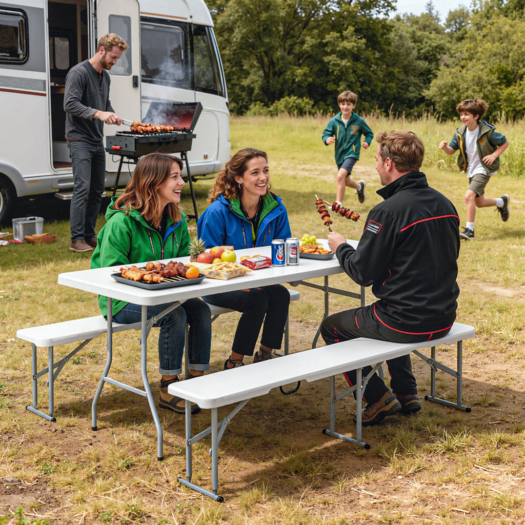 6FT 3 PCS Portable Camping Table and Chairs, Folding Picnic Table Bench Set with Carrying Handles for BBQ, Party, White