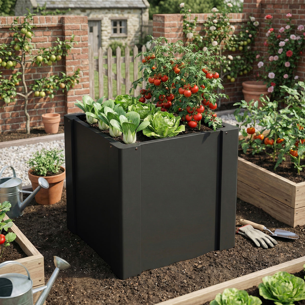Raised Garden Bed Galvanized Planter Box Outdoor with Gloves for Gardening Vegetables, Flower, Herb, 1.4 x 1.4 x 1.5 ft, Black