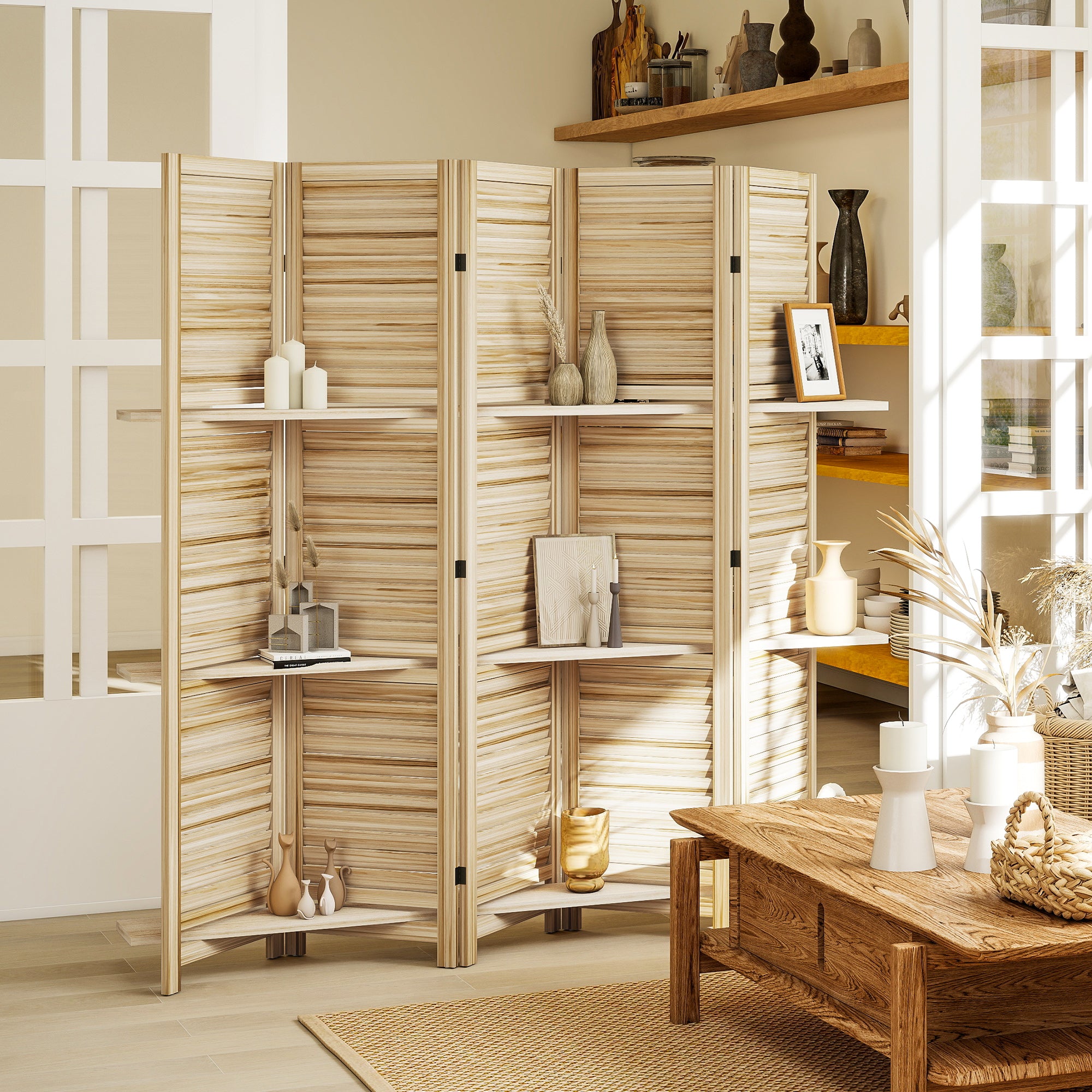 5 Panel 67" Tall Wood Privacy Screen Room Divider with 3 Shelves and Folding Storage for Bedroom, Natural Wood