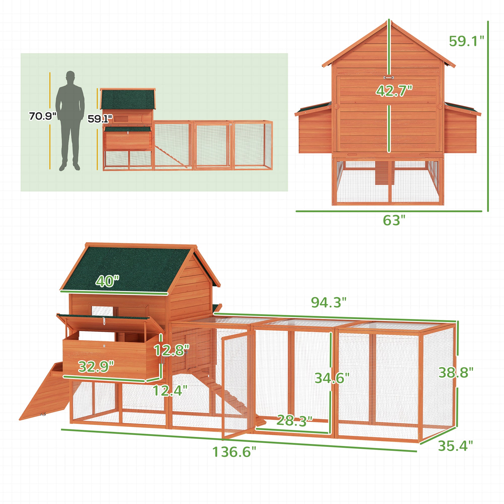 137" Wooden Chicken Coop for 4-6 Chickens, Backyard, Orange