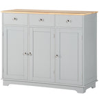 Kitchen Storage Cabinet, Sideboard Floor Cupboard with Solid Wood Top, Adjustable Shelf, and 3 Drawers, Gray