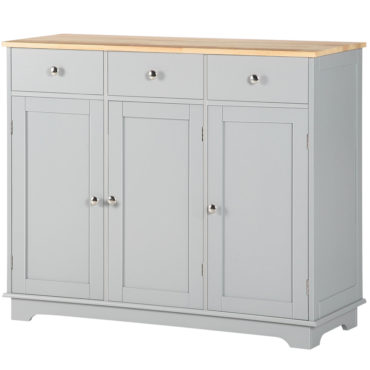 Kitchen Storage Cabinet, Sideboard Floor Cupboard with Solid Wood Top, Adjustable Shelf, and 3 Drawers, Gray