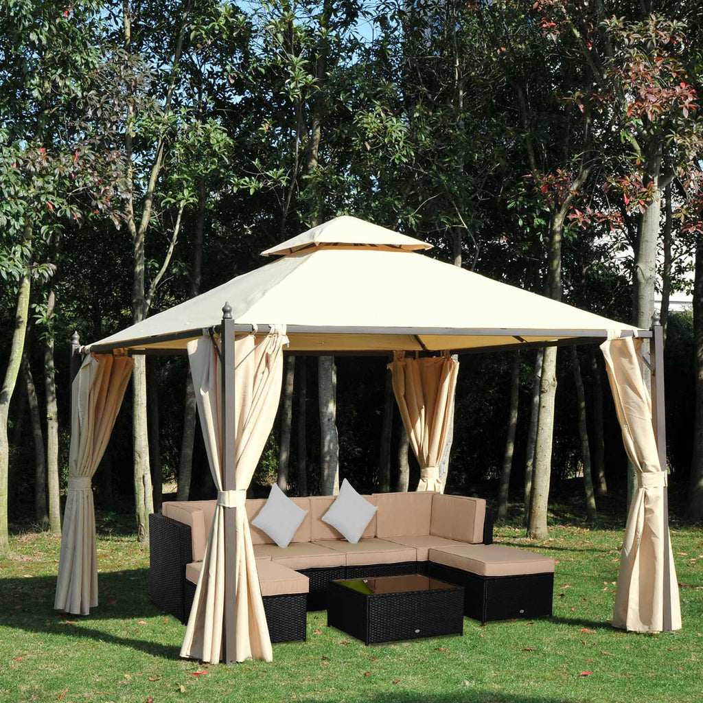 10' x 10' Steel Outdoor Patio Gazebo with Polyester Privacy Curtains, Two-Tier Roof for Air, Large Design