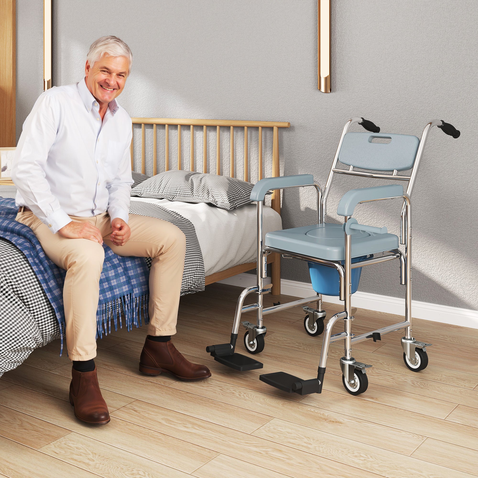 Rolling Shower Wheelchair for Seniors, Bedside Commode Chair with Locking Wheels, Seat, Backrest, Arms, Gray