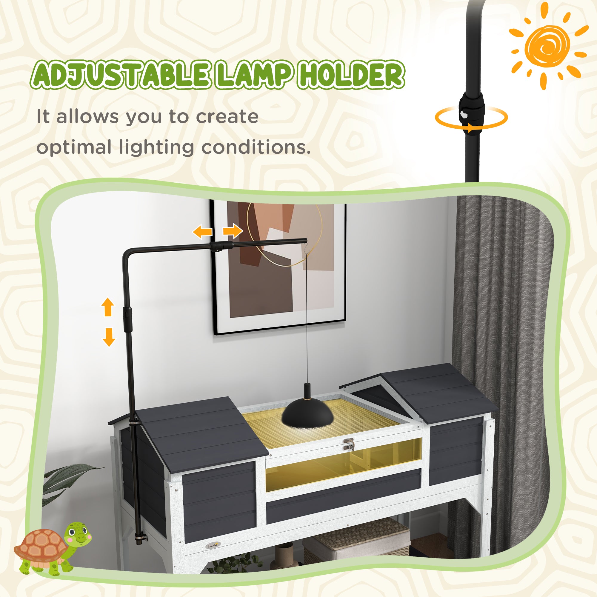 Tortoise Enclosure Tortoise House with Adjustable Lamp Holder Storage Shelf, Dual Main Houses, Openable Lid, Gray