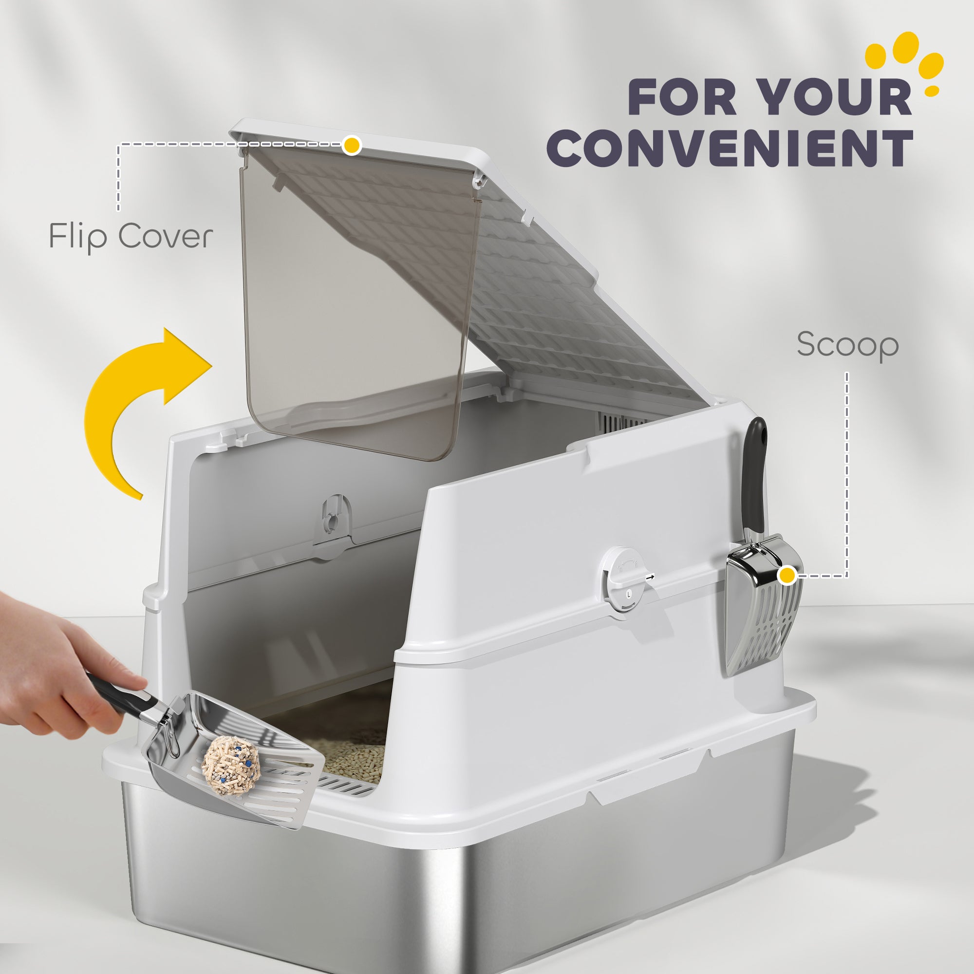 Extra Large Stainless Steel Cat Litter Box for Big Cats with Flip Cover, High-Sided Enclosure & Scoop