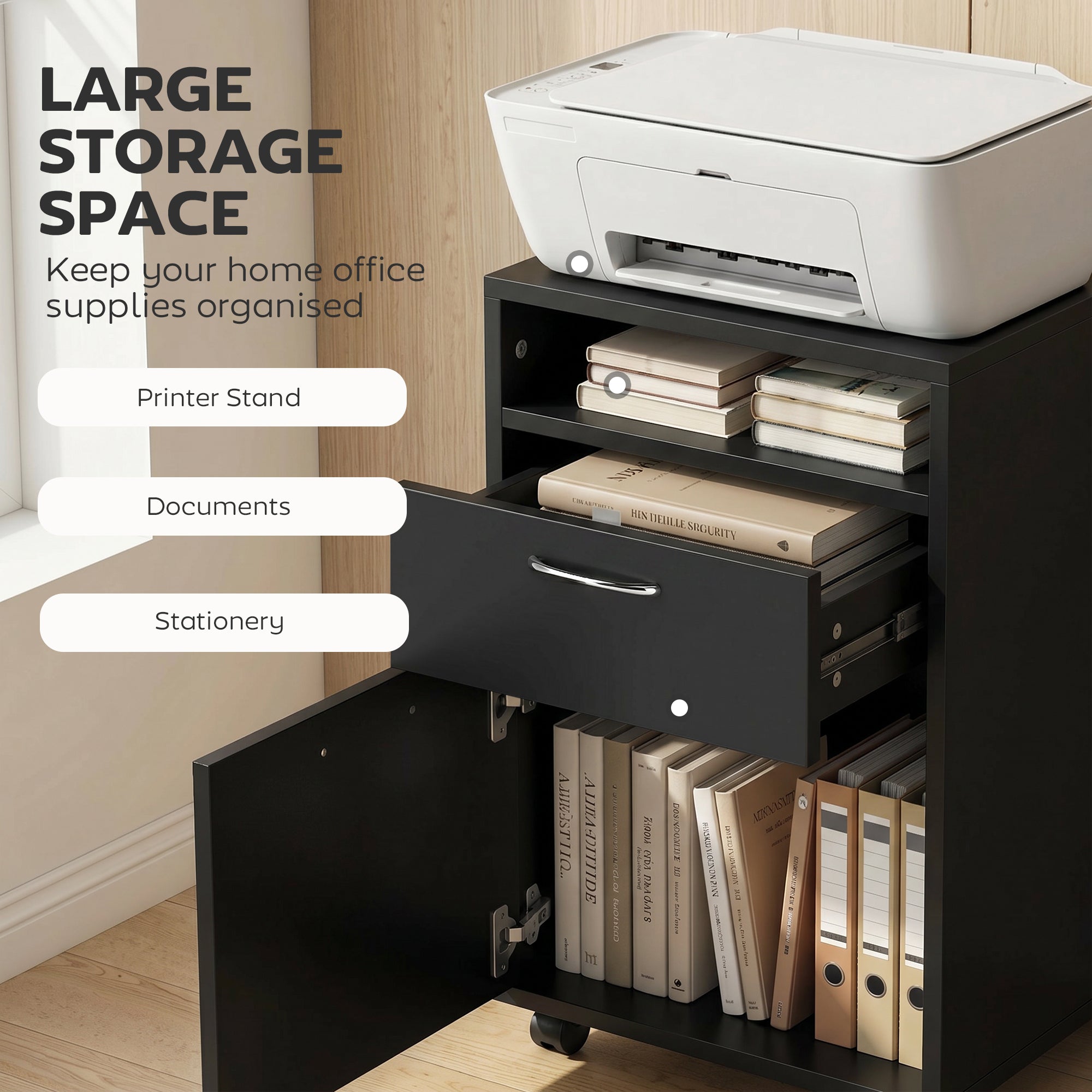 Mobile Storage Cabinet Organizer with Drawer and Cabinet, Printer Stand with Castors, Black