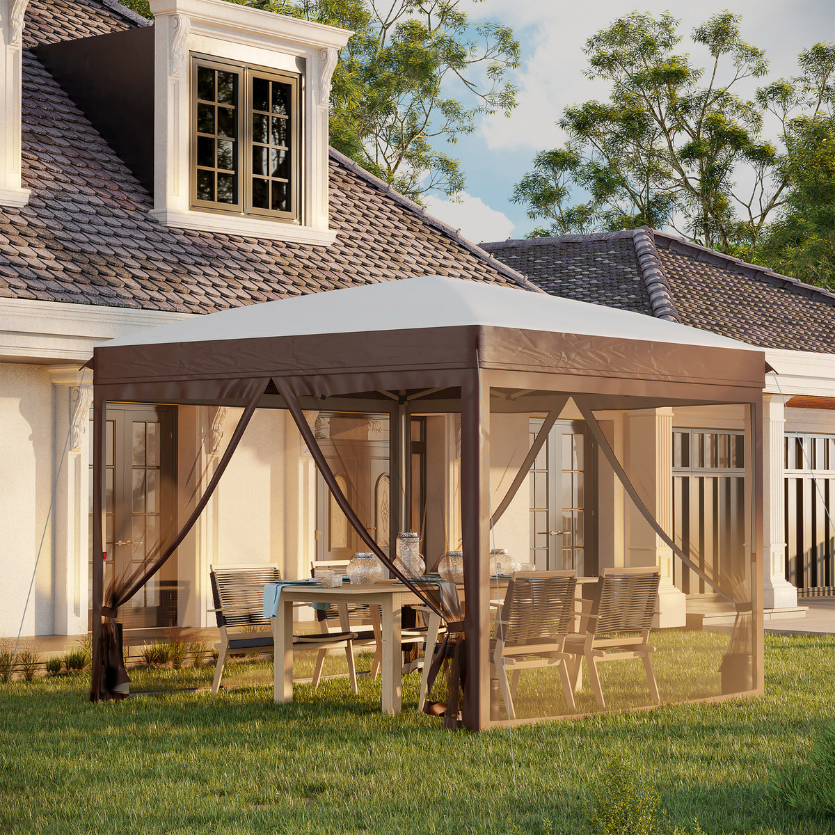10' x 10' Pop Up Canopy Tent with Netting, Instant Sun Shelter, Tents for Parties, Height Adjustable, with Wheeled Carry Bag and 4 Sand Bags for Outdoor, Garden, Patio, Cream