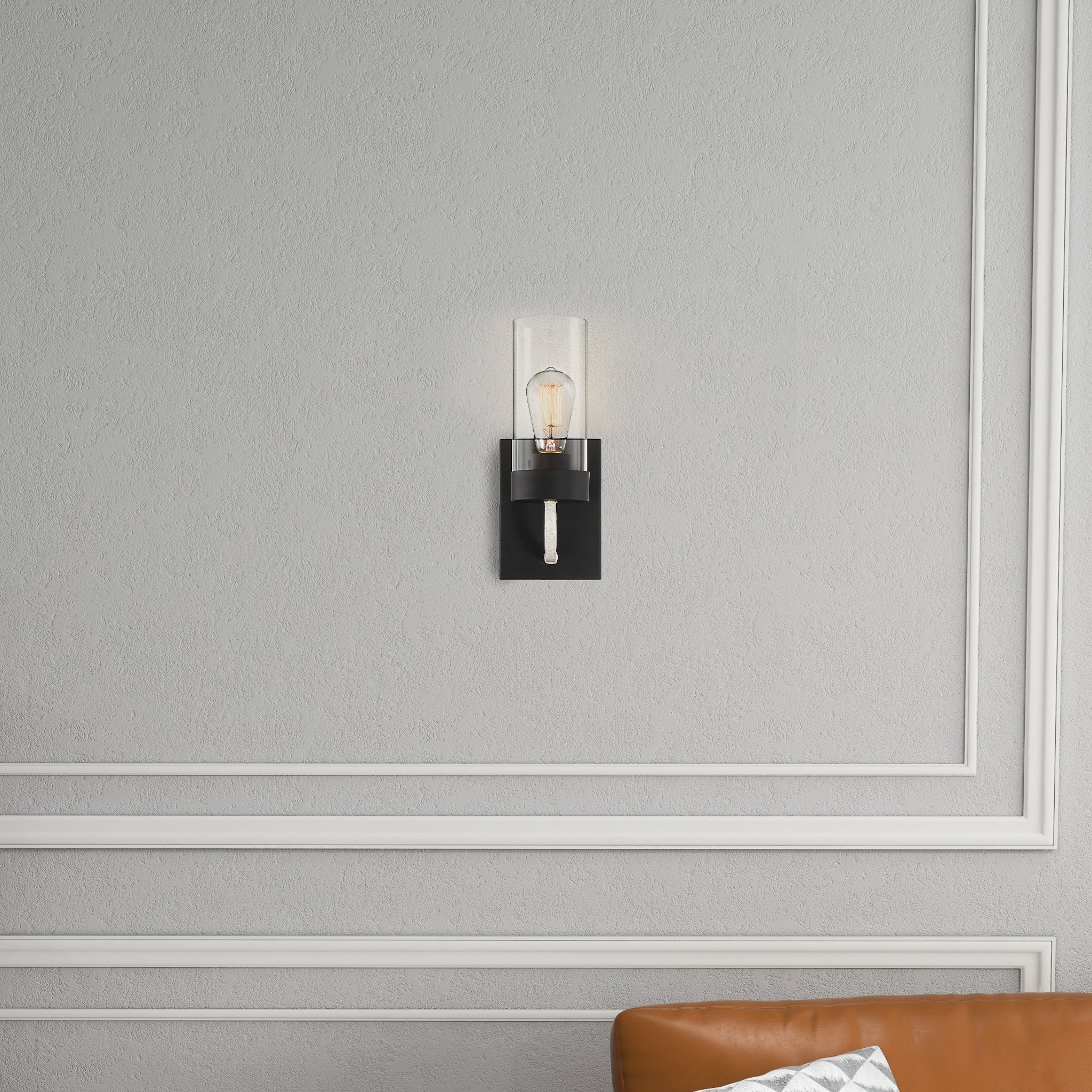 Zephyr Single Light Sconce with Clear Glass, Metal Finish, Modern Elegance 5" L x 6" W x 12" H, Black+Clear