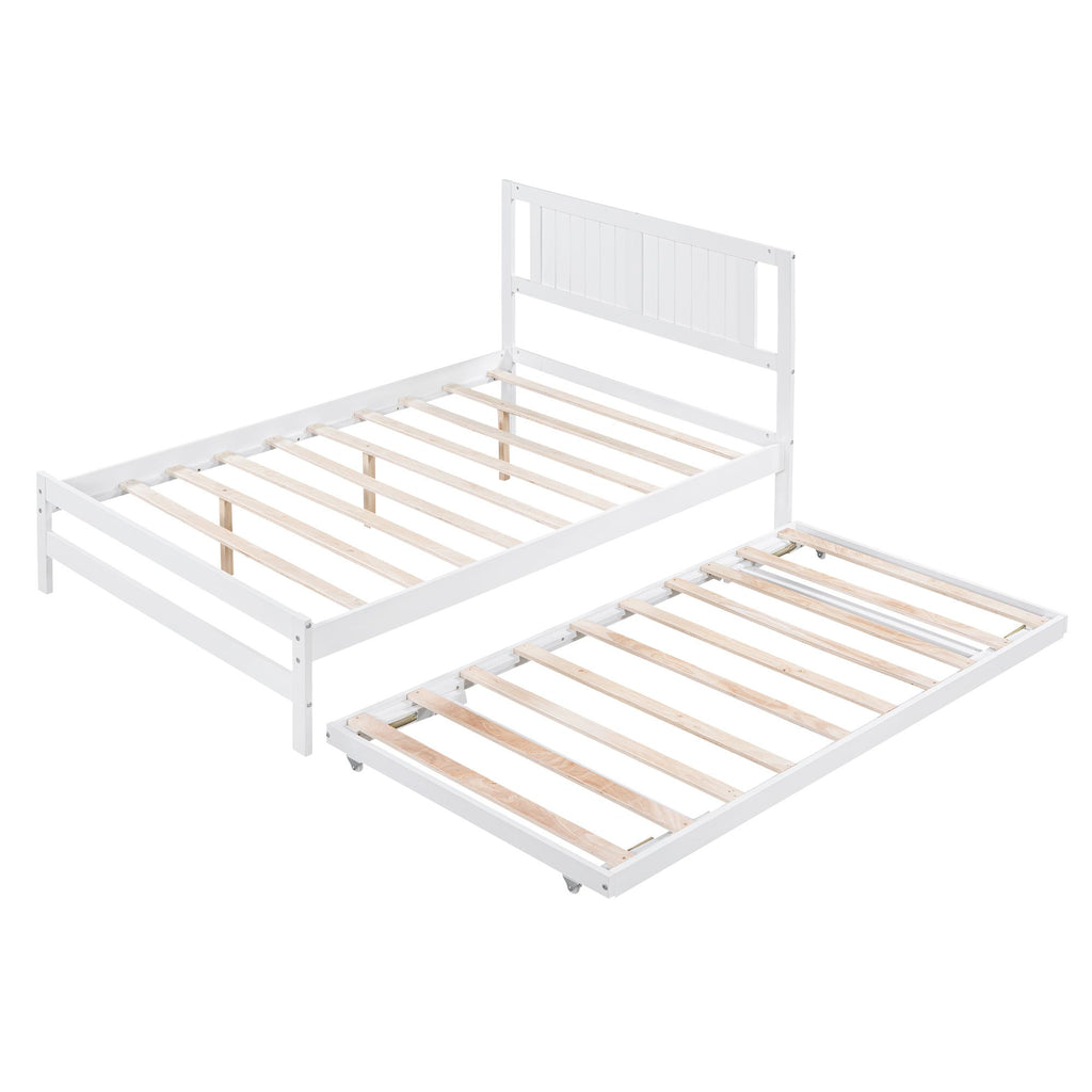 Full Size Platform Bed with Adjustable Trundle, Solid Pine Wood and MDF, 78" L x 97.5" W x 39.5" H, White