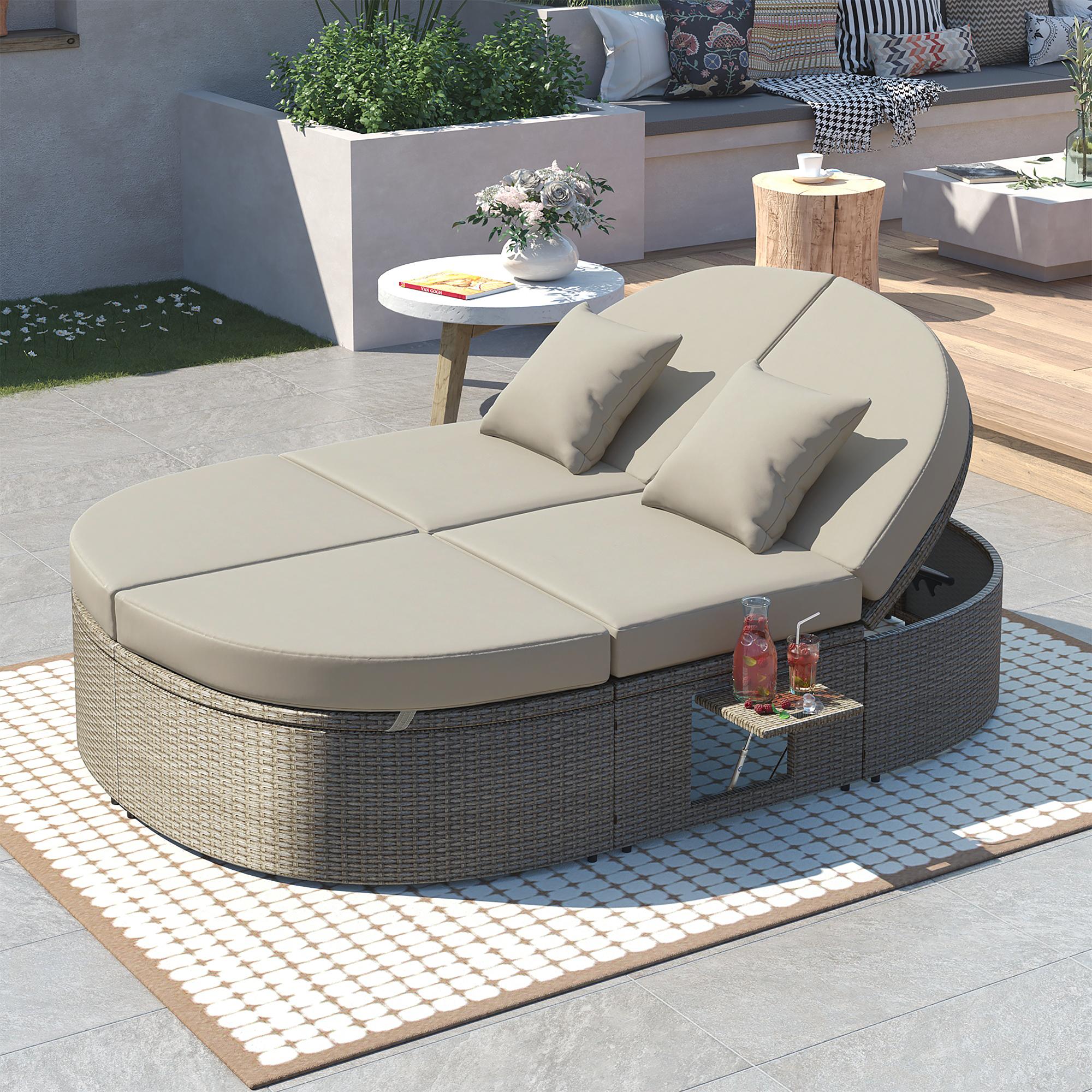 All-Weather Rattan Daybed with Adjustable Backrest, Stylish Chaise Lounge with Thick Cushion for Poolside, 78.5" L x 55.5" W x 16.5" H, Gray