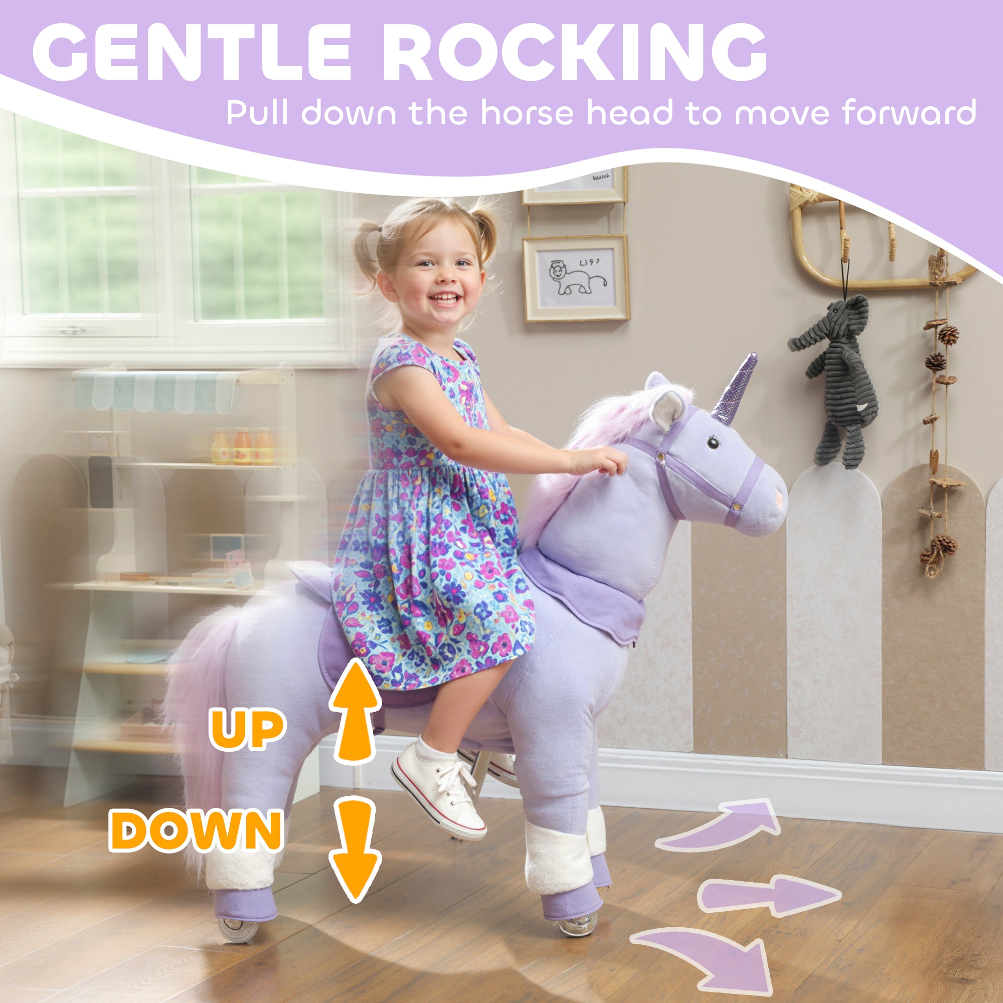 Ride on Unicorn Toy for Kids 4-7 Years, 37.8 Inch Plush Baby Rocking Horse with Wheels, No Battery Required, Purple