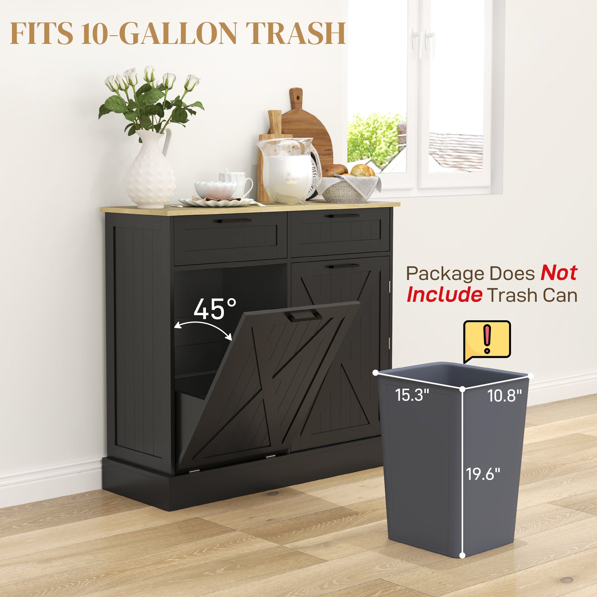 10 Gallon Farmhouse Kitchen Cabinet with Hidden Trash Can and 2 Drawers, Tilt Out Trash Can Cabinet for Kitchen, Black