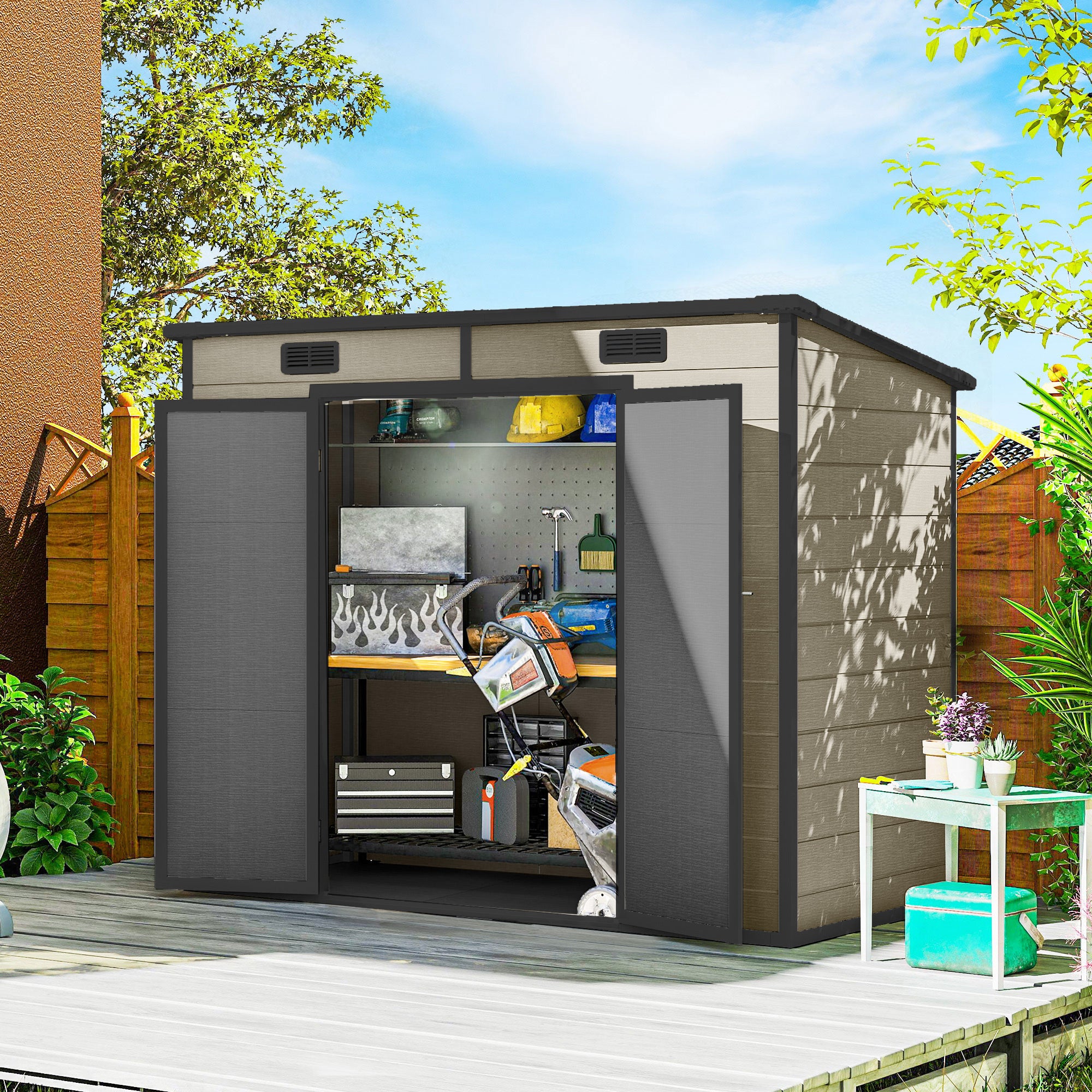 8' x 4' Plastic Outdoor Storage Shed with Floor, Window, Lockable Doors and Vents for Backyard Patio Lawn, Light Brown