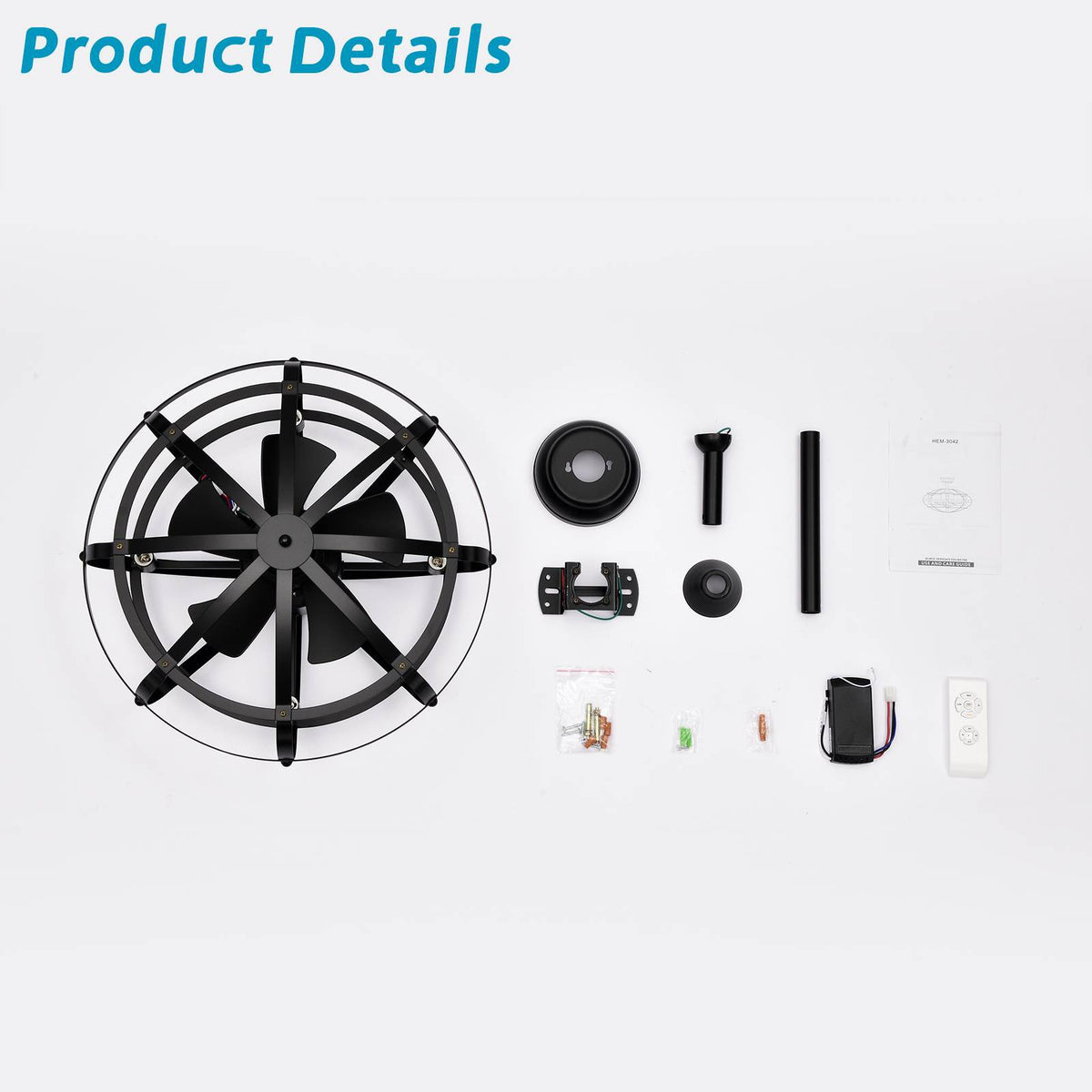 Industrial Bladeless Ceiling Fan with Lights, 18" Caged Design, Reversible Motor, Remote Control, Downrod Mount, E12 Standard Base, Matte Black