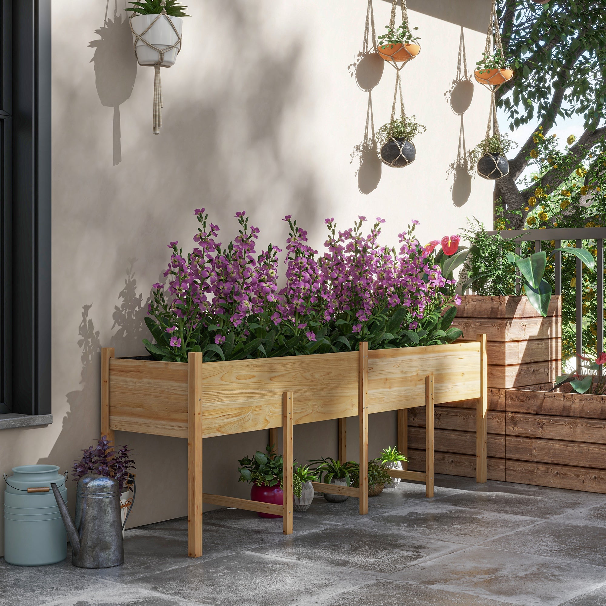 Wooden Raised Garden Bed, Large Elevated Planter Box with Legs, Bed Liner and Drain Holes, 7.4' x 1.8' x 2.6', Natural