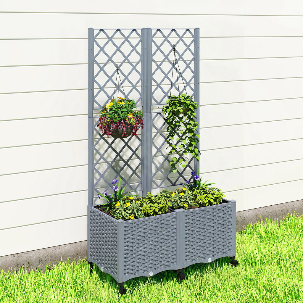 Planter Box with Trellis, Self Watering Raised Garden Bed with Lockable Wheels and Drainage Holes, Gray