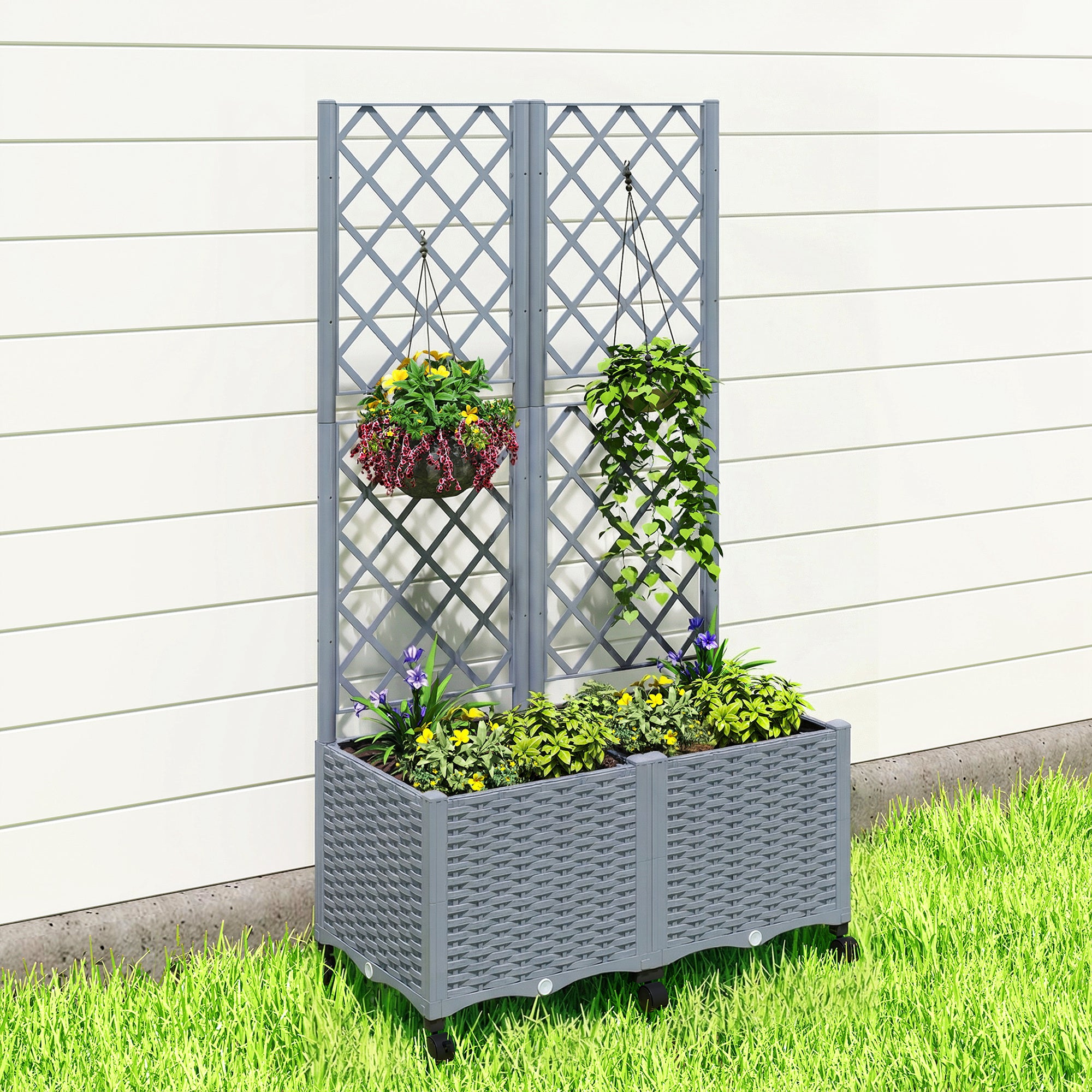 Planter Box with Trellis, Self Watering Raised Garden Bed with Lockable Wheels and Drainage Holes, Gray