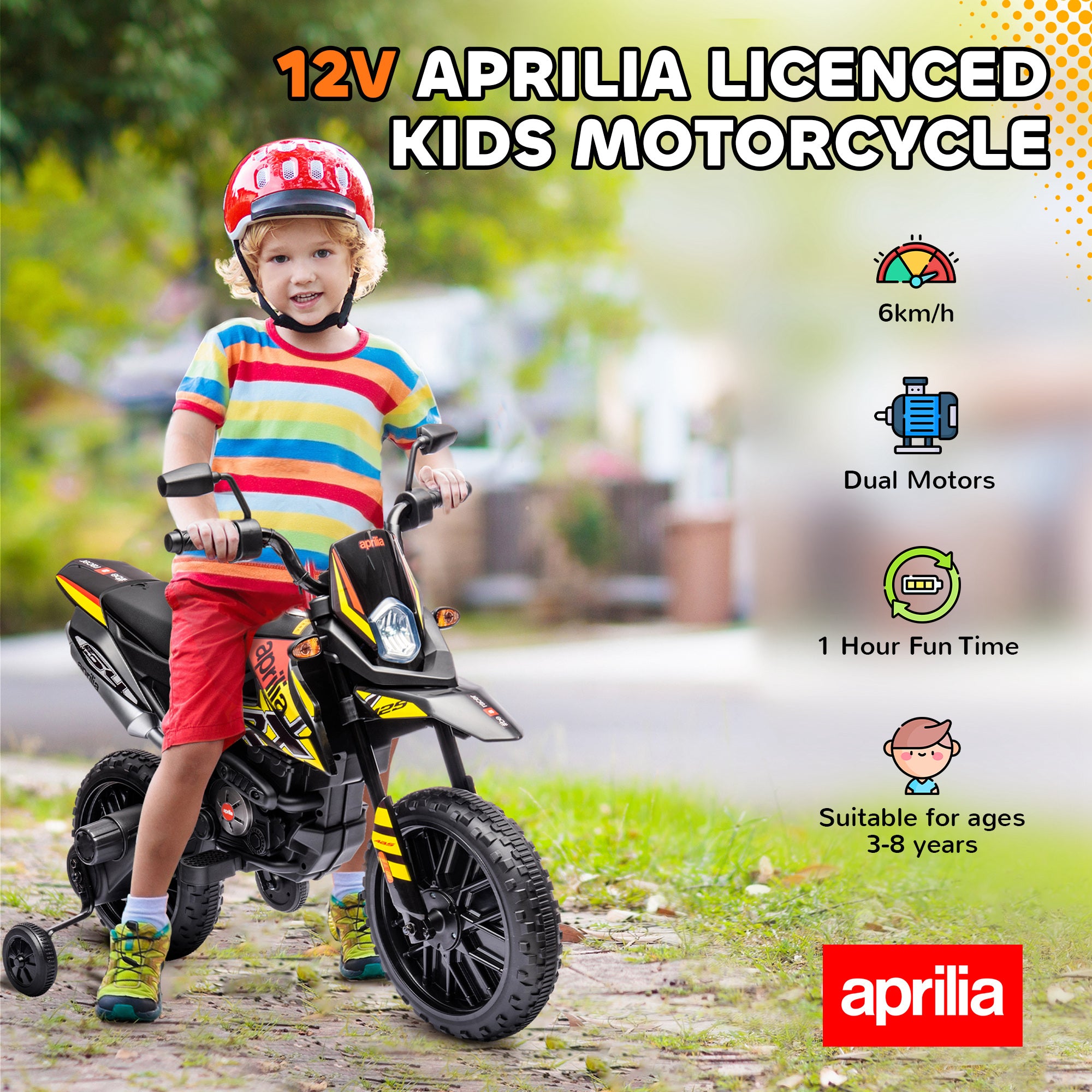 12V Aprilia Licenced Kids Motorcycle with Training Wheels, Spring Suspension, LED Light, USB, Music, Yellow