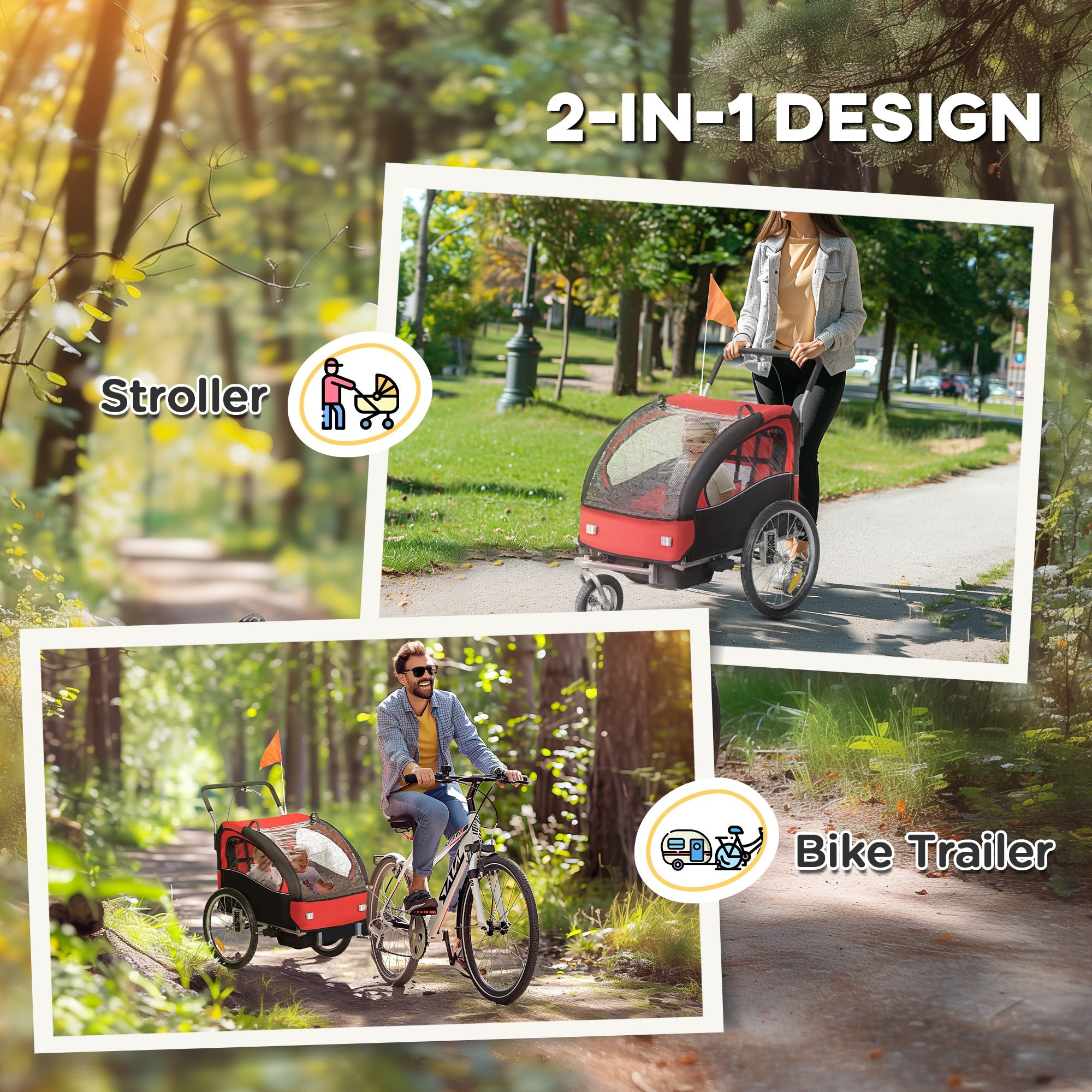 2-Seat Elite 360 Swivel Bike Trailer for Kids Bicycle Cargo Trailer with Water-Resistant Windows, Black and Red